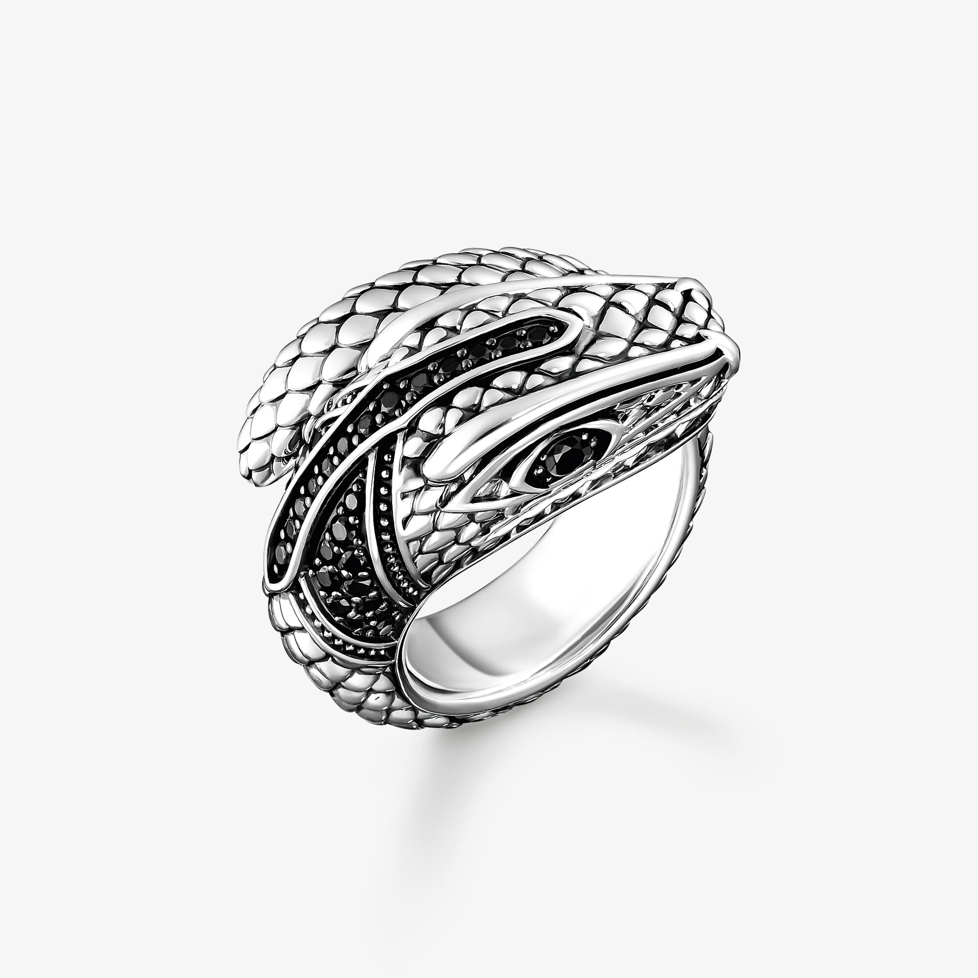 THOMAS SABO Bague serpent avec pierres noires argent, Argent sterling, Taille: 66, Unisex
