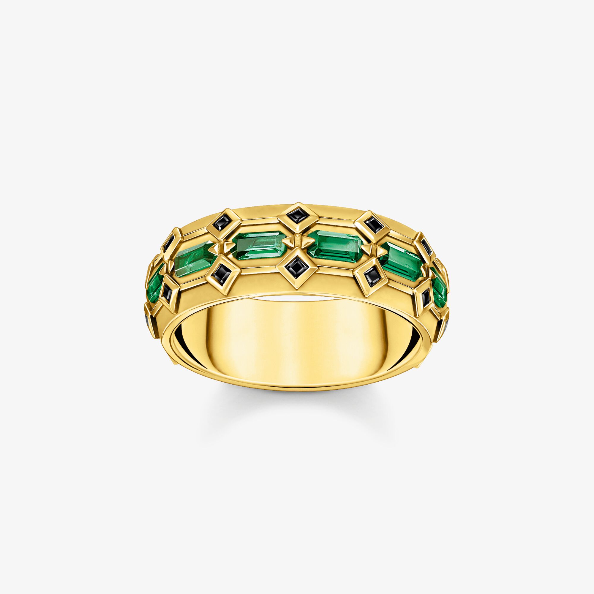 THOMAS SABO Large bague écailles de crocodile dorée ornée de gemmes vert émeraude, Argent sterling doré or jaune, Taille: 62, Unisex