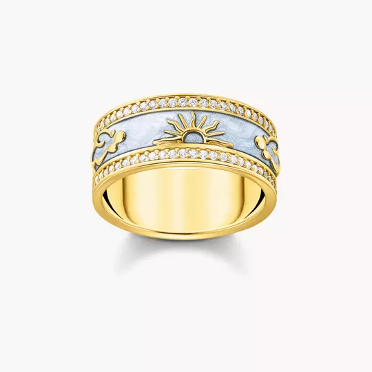 Gold-plated band ring with blue cold enamel and cosmic symbols