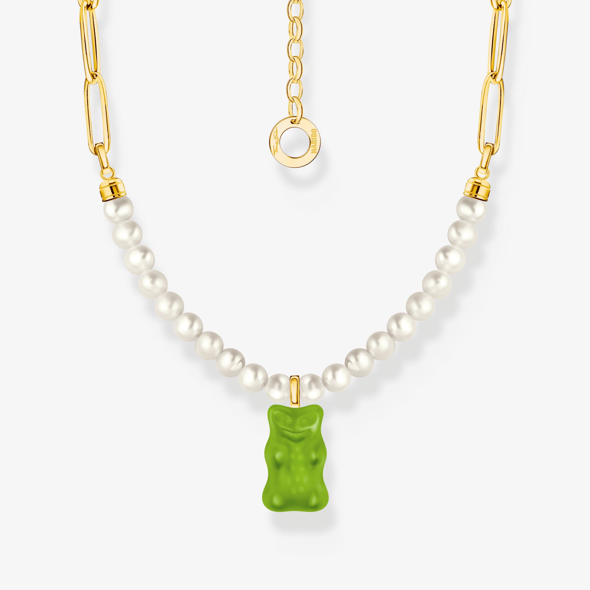 THOMAS SABO Chaîne à maillons avec breloque Ours d’or vert et perles, dorée, Argent sterling doré or jaune, Taille: 45 cm, femme