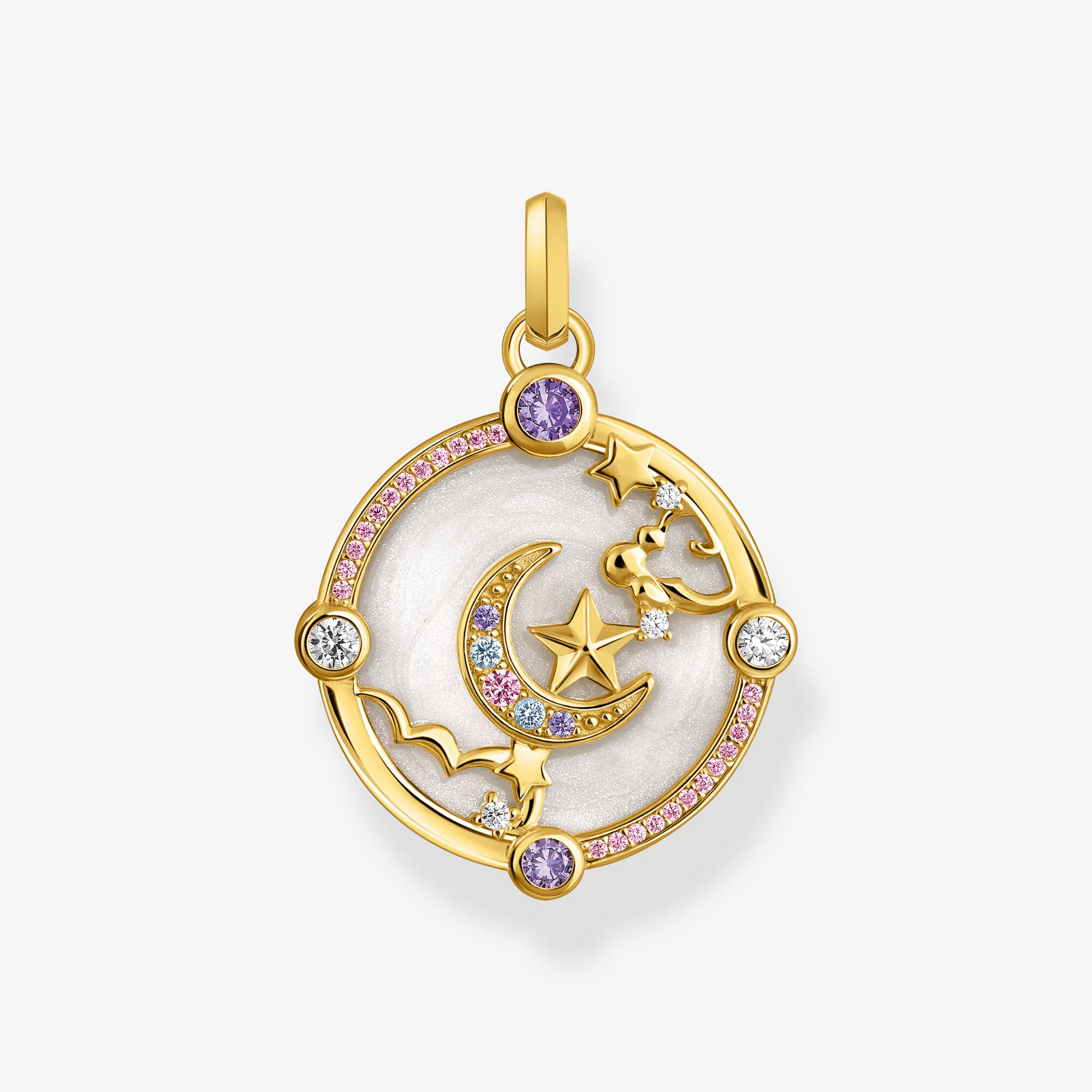 THOMAS SABO Petit pendentif avec croissant de lune et pierres multicolores plaqué or, Argent sterling doré or jaune, Taille: one size, femme