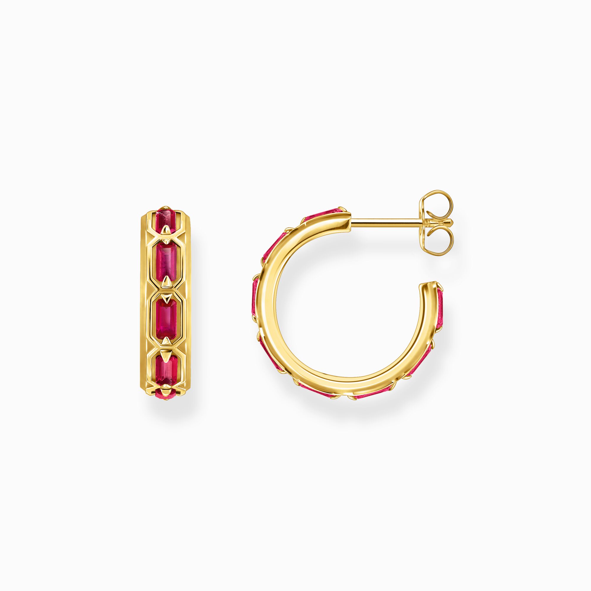 Yellow-gold plated hoop earrings with red stones from the  collection in the THOMAS SABO online store