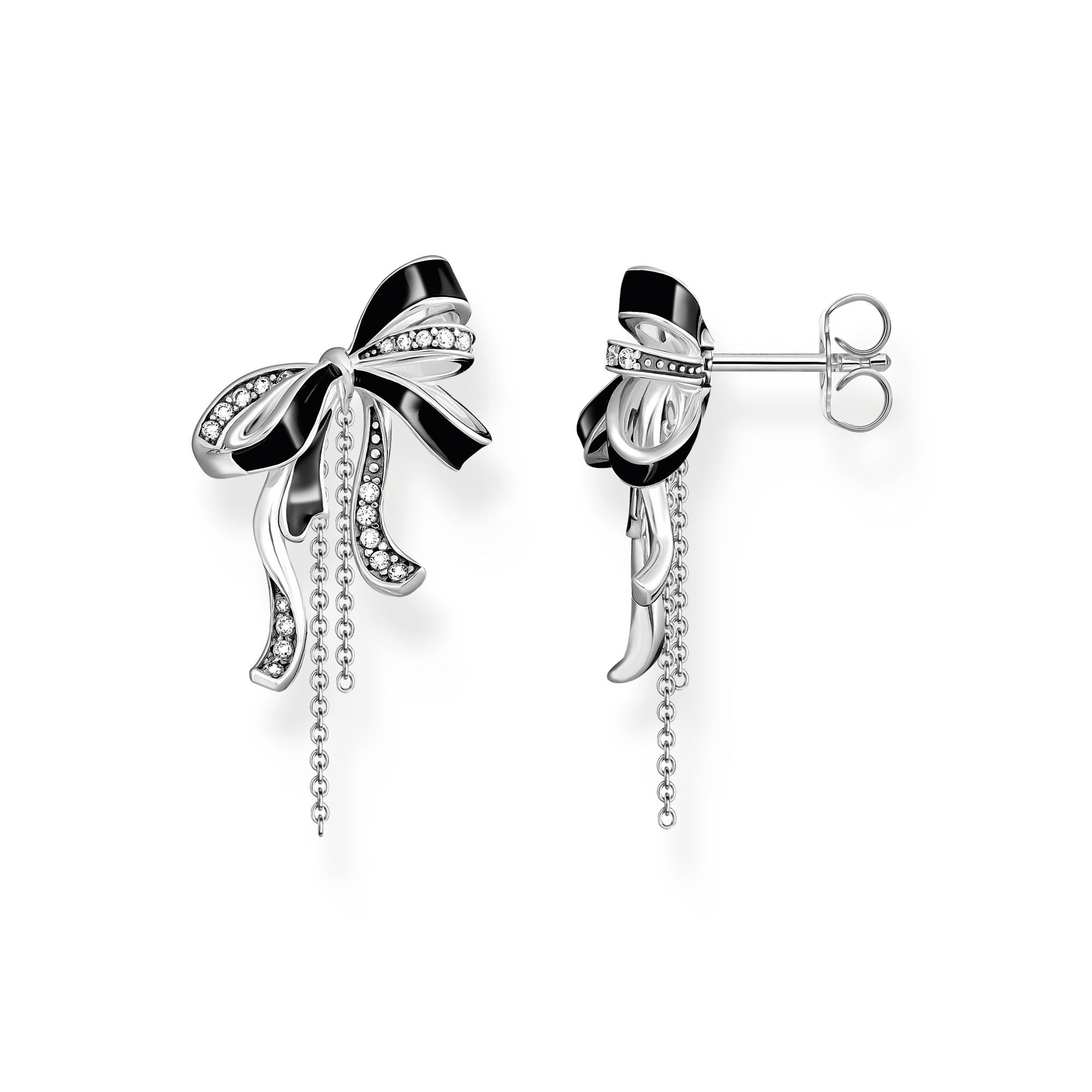 Blackened Silver Bow Stud Earrings with Zirconia Stones