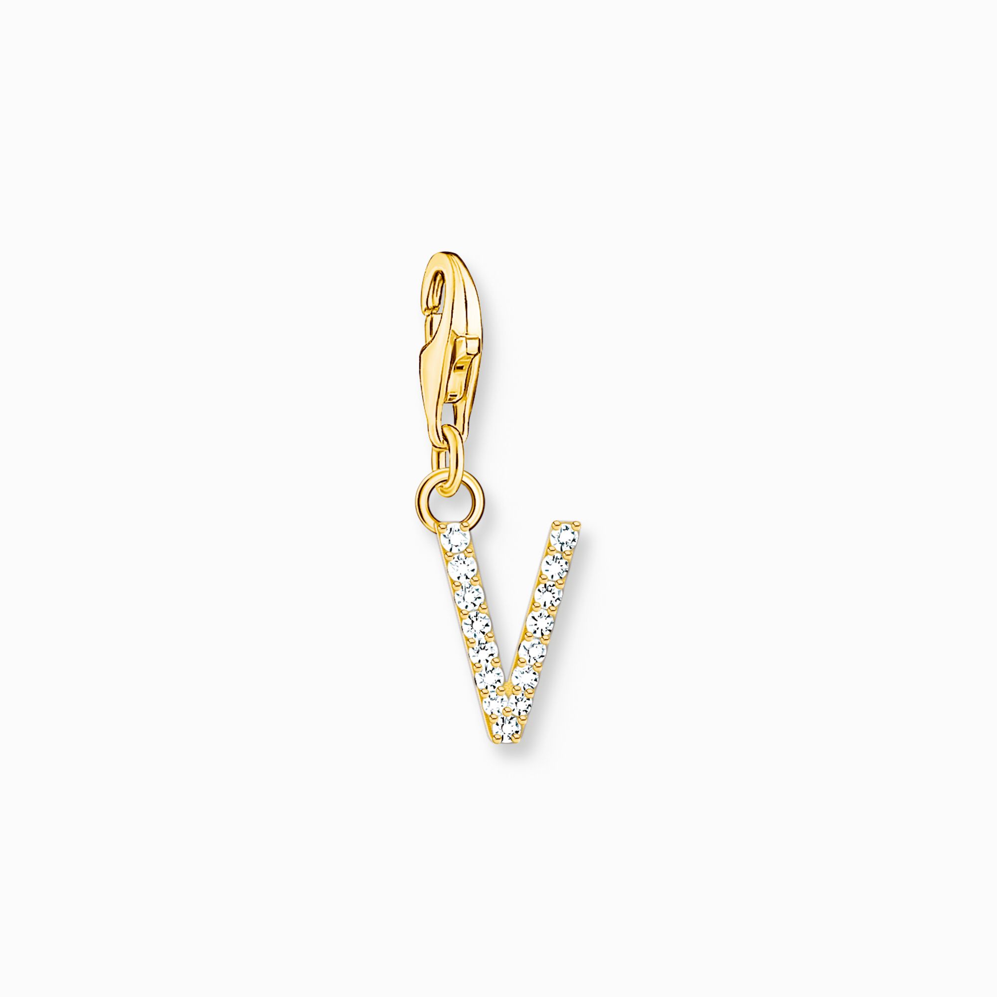 Charm pendant letter V with white stones gold plated from the Charm Club collection in the THOMAS SABO online store