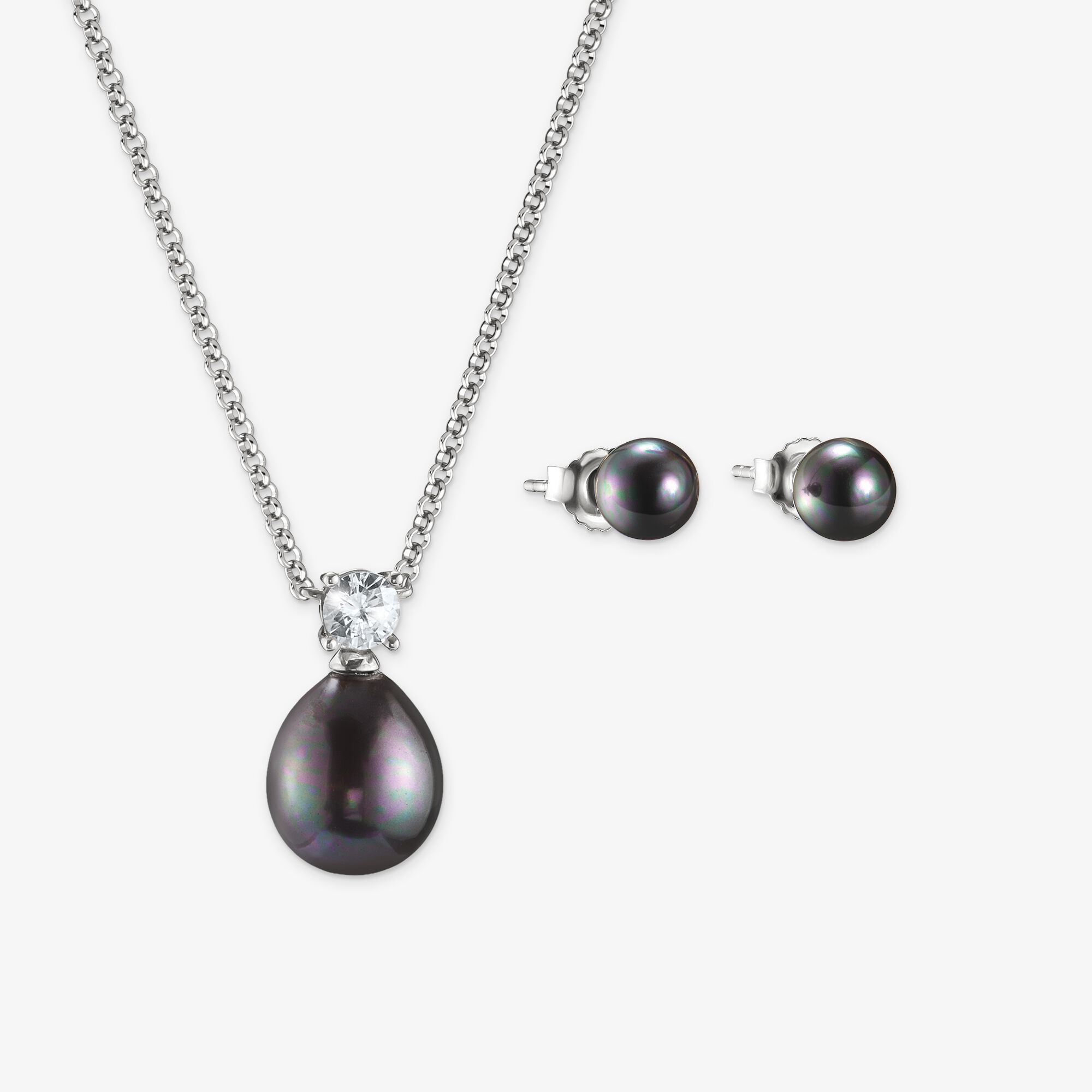 THOMAS SABO Schmuck-Set Ohrstecker & Kette imitierte Perle schwarz Silber, Unisex, LOOK26-04-001