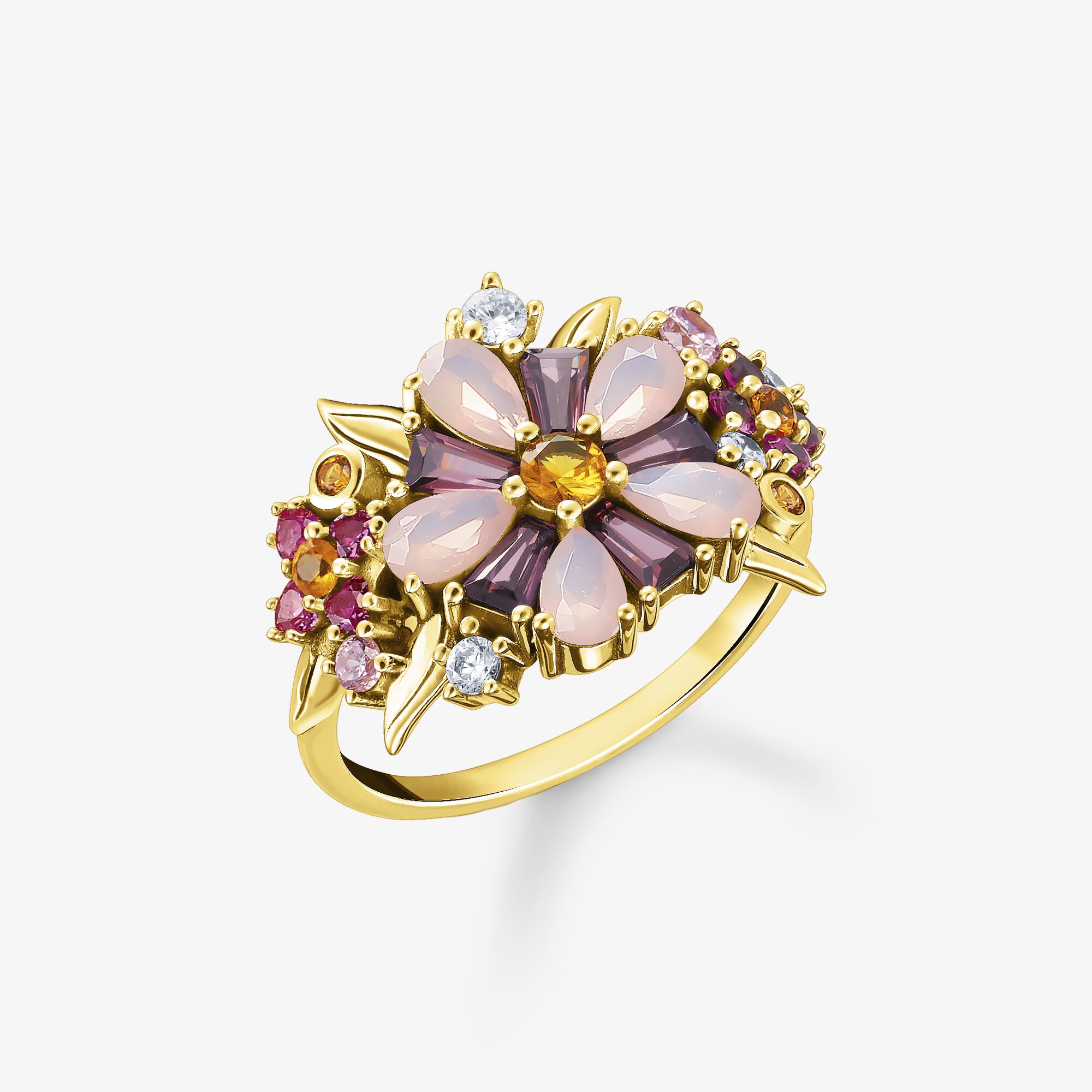 THOMAS SABO Bague fleurs pierres multicolores or, Argent Sterling 925‰ doré or jaune 18 carats , Taille: 54, femme