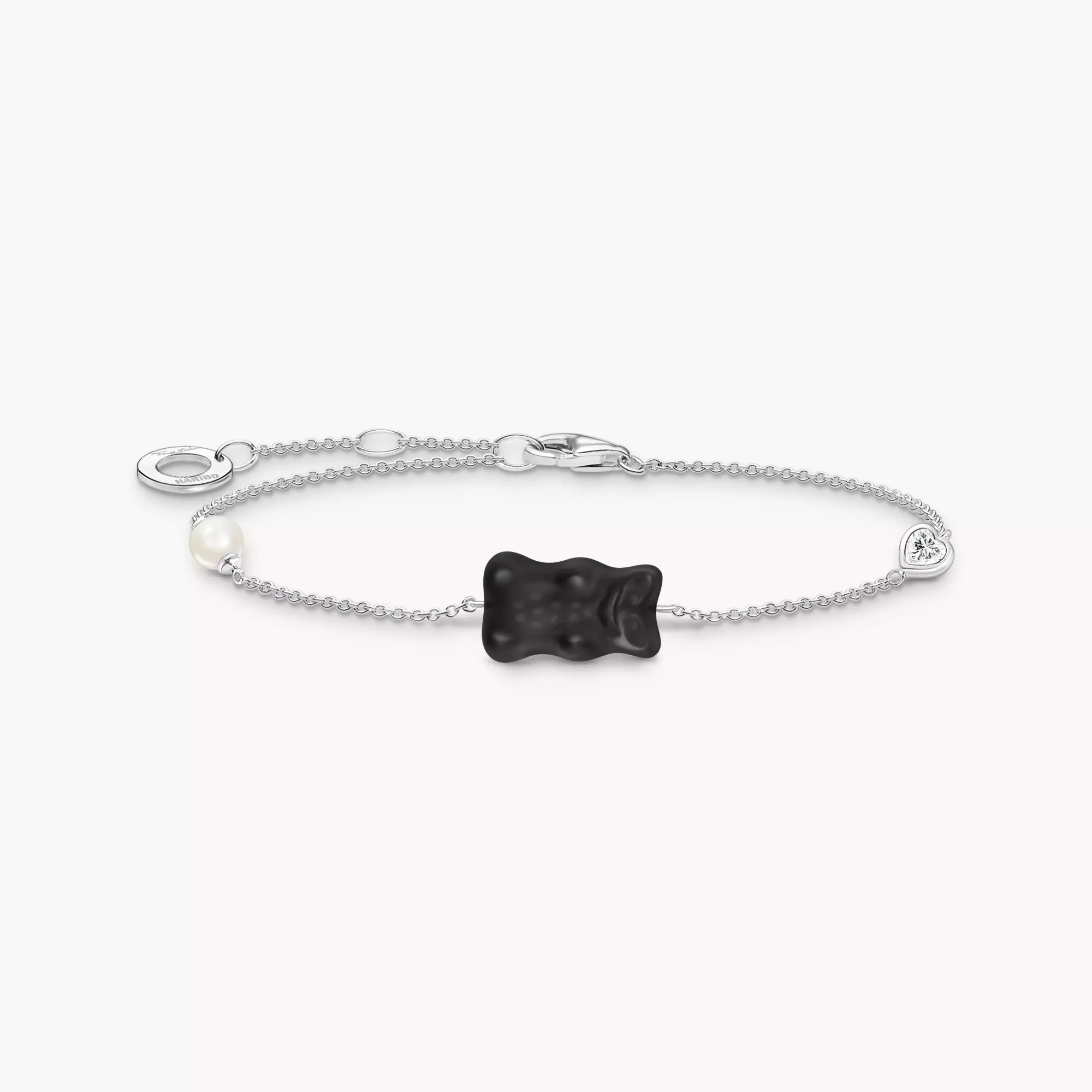 Silver bracelet with black Goldbears, freshwater pearl & zirconia 