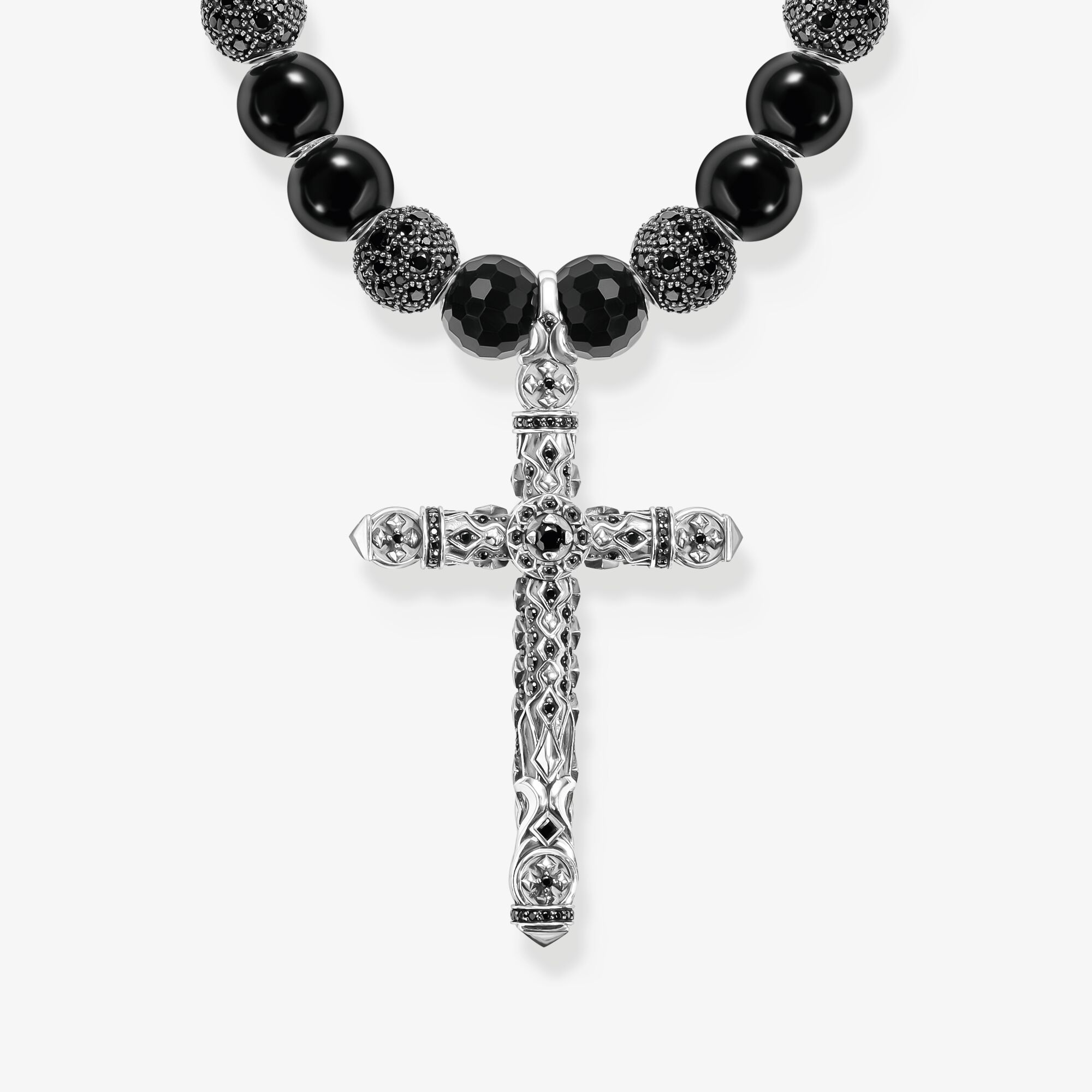 THOMAS SABO Collier argenté noirci composé de perles noires avec pendentif croix Argent sterling, Taille: 70 cm, Unisex
