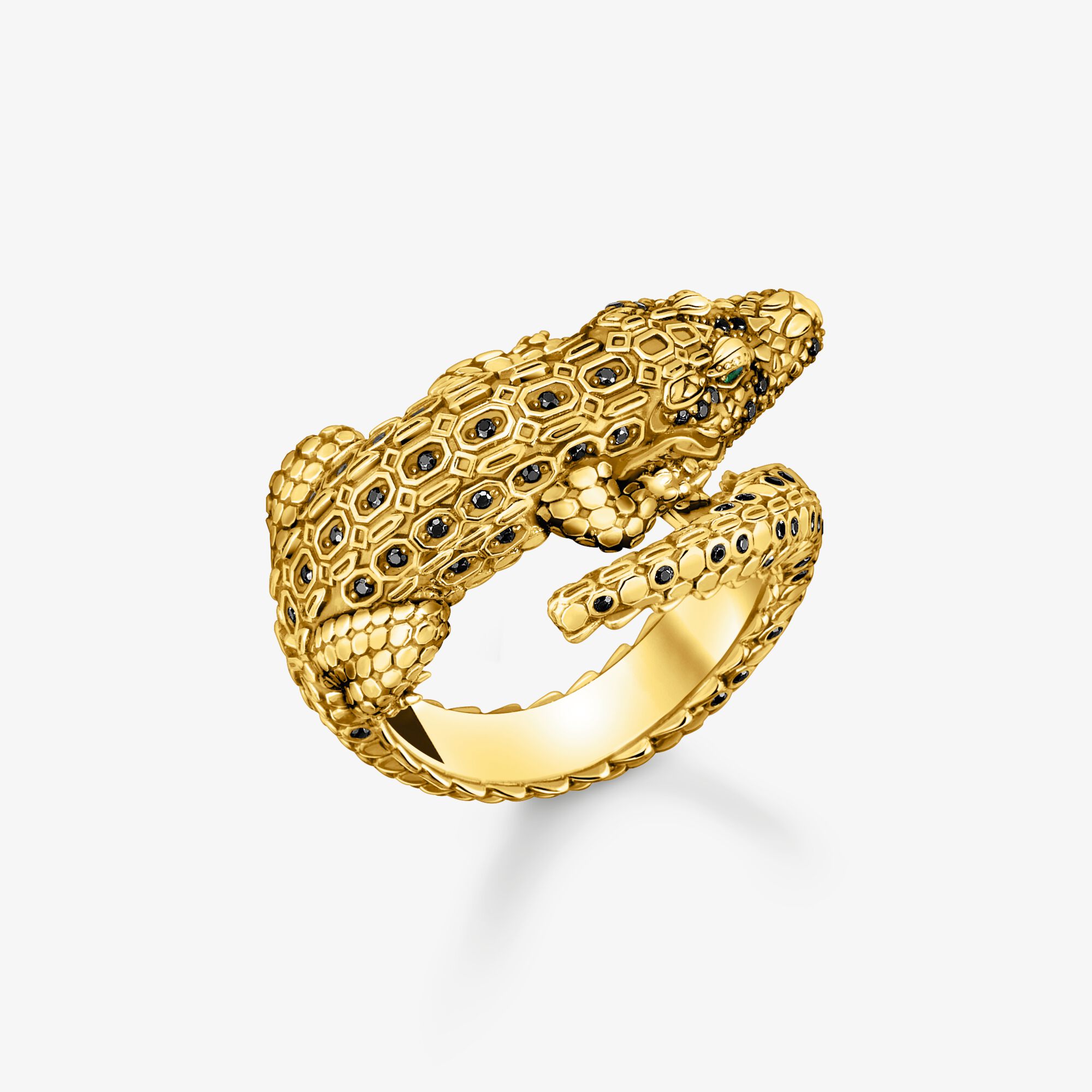THOMAS SABO Bague crocodile dorée ornée de gemmes noires et vertes, Argent sterling doré or jaune, Taille: 58, Unisex