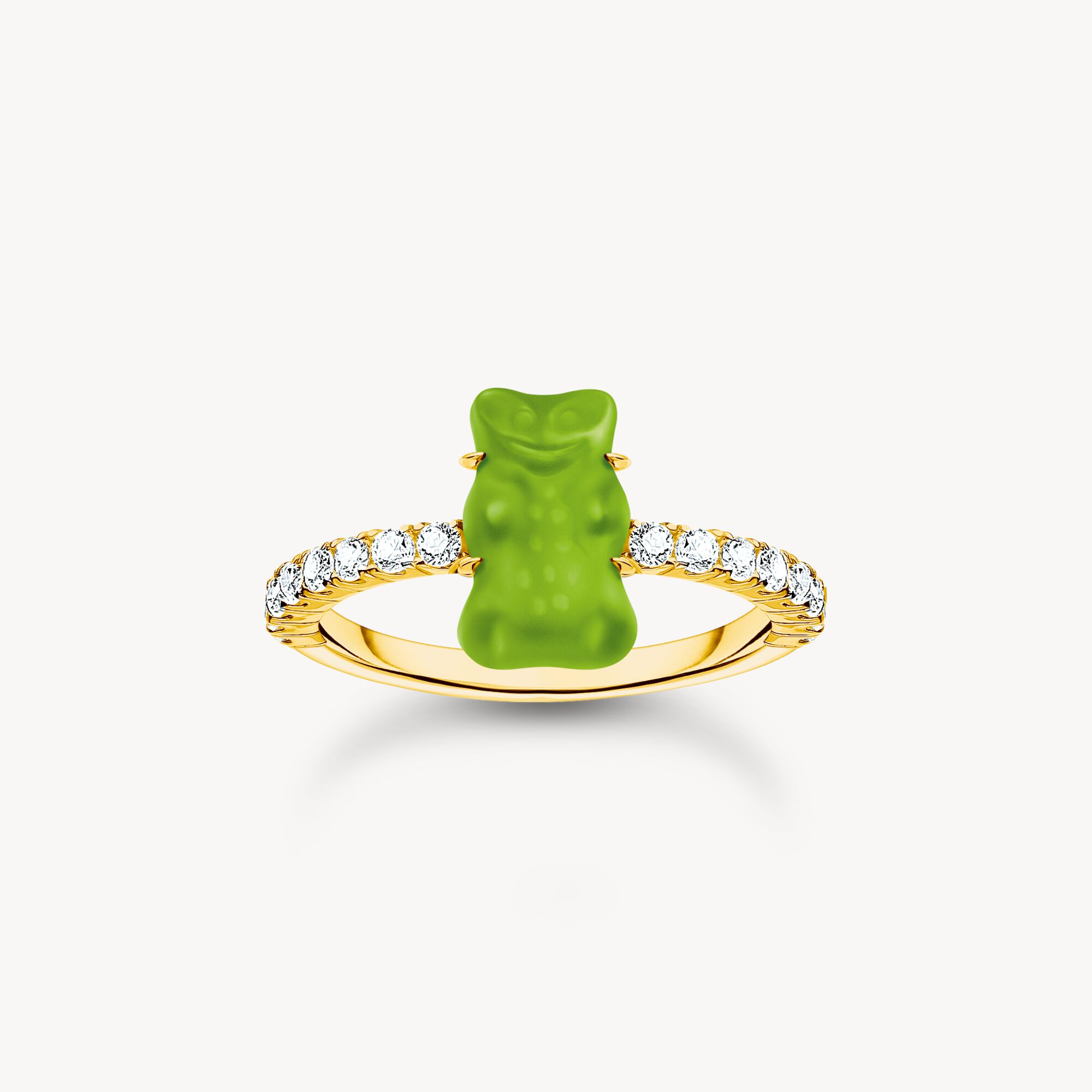 Gold-plated ring with green mini sized goldbears and zirconia