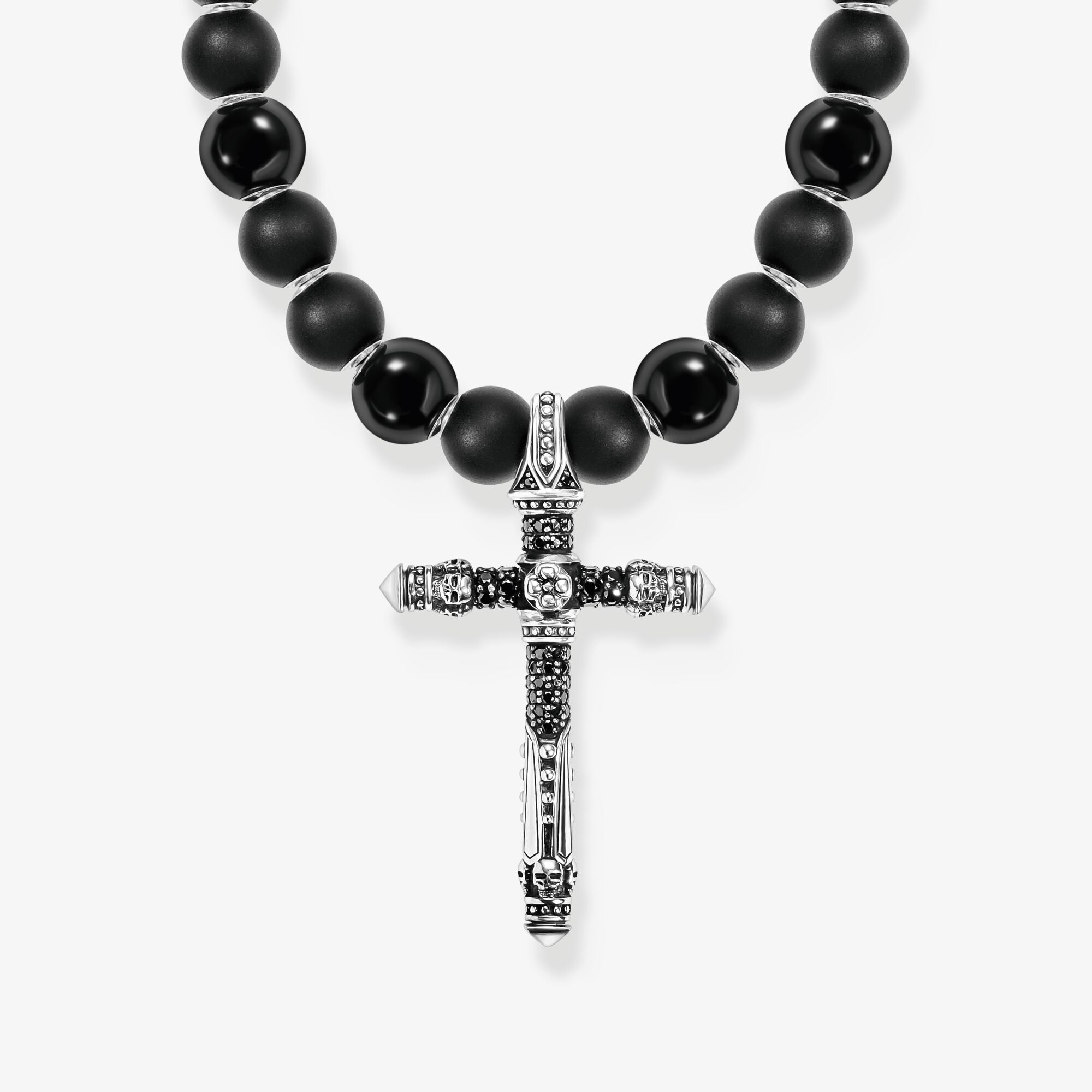 THOMAS SABO Collier argenté noirci composé de perles noires avec pendentif croix, Argent sterling, Taille: 70 cm, Unisex