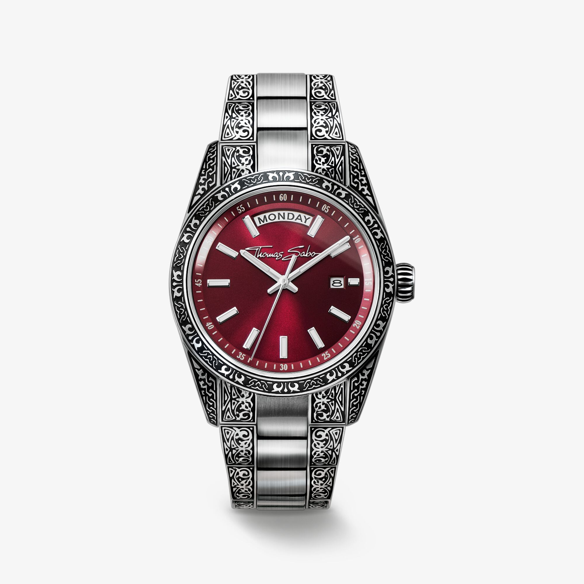 THOMAS SABO Klocka Rebel at Heart Revive, 36 mm, rostfritt stål, mörkröd, graverad design, rostfritt stål, Storlek: 36 MM, Unisex