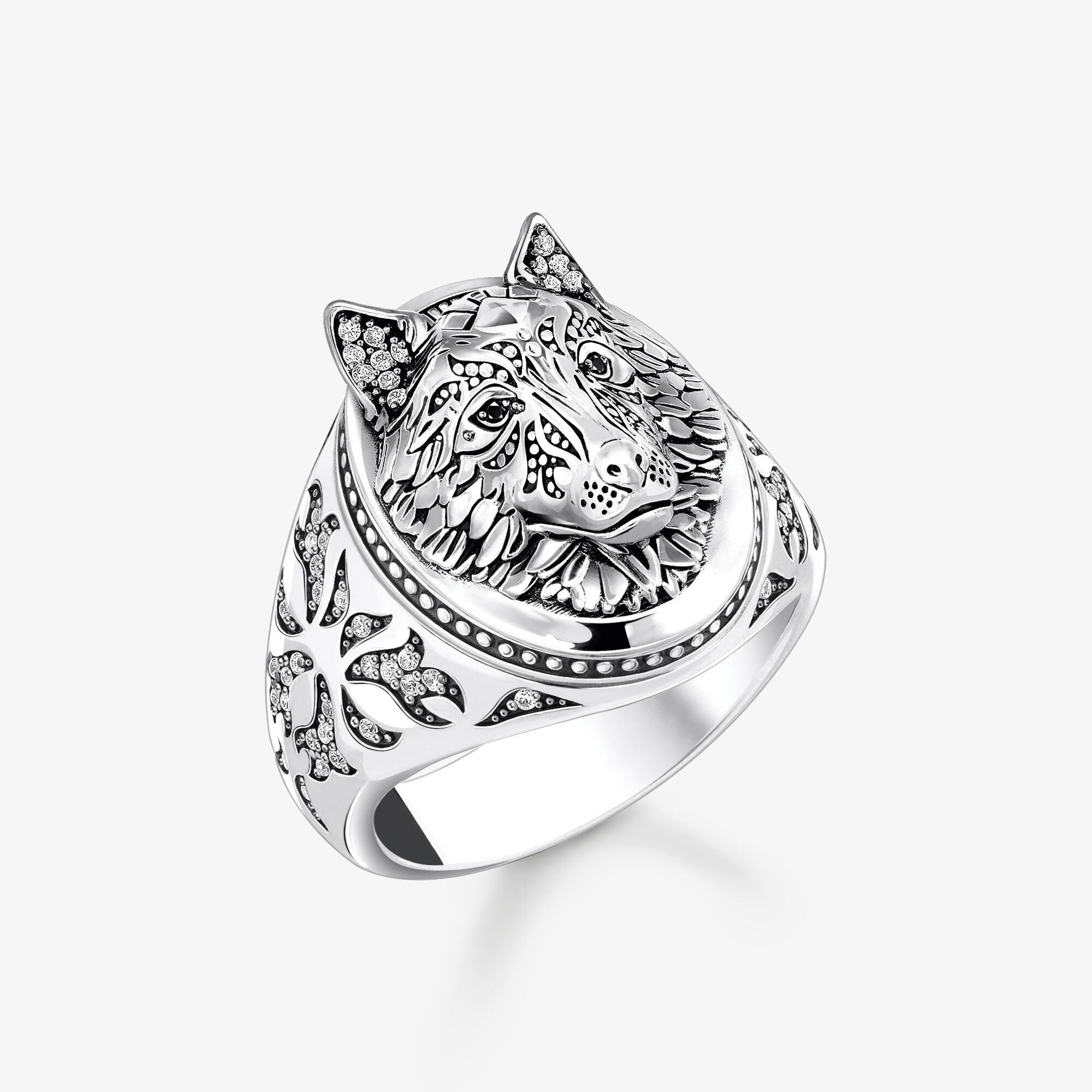 THOMAS SABO Siegelring Wolf mit Steinen Silber geschwärzt, Sterlingsilber, Größe: 60, Unisex