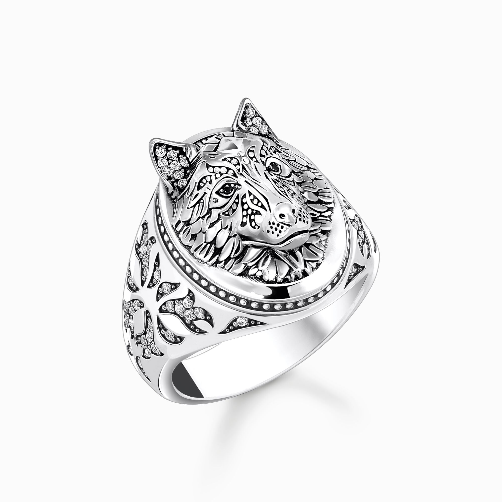 Silver blackend signet ring wolf&#39;s face with stones from the  collection in the THOMAS SABO online store