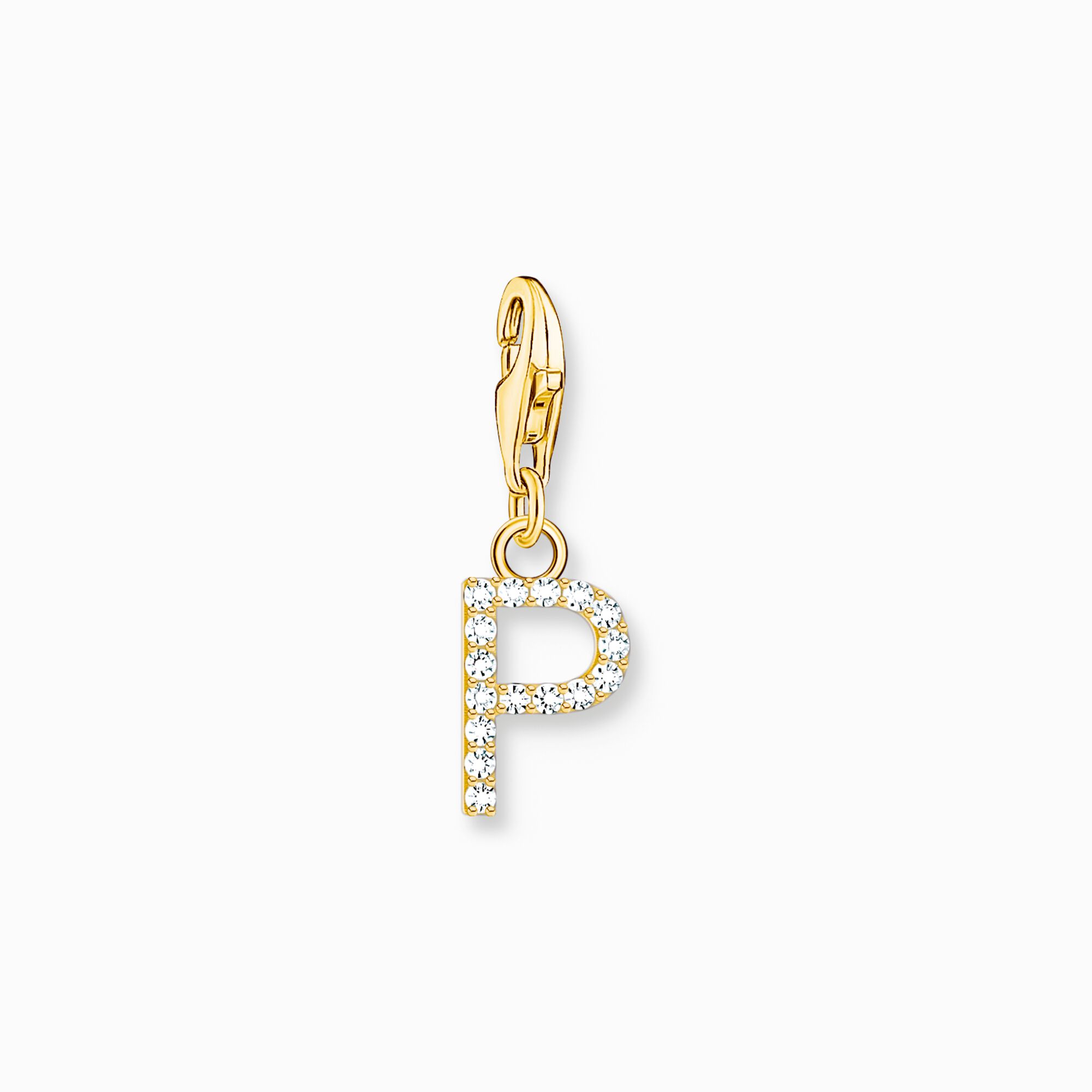 Charm-h&auml;ngsmycke bokstaven P med vita stenar guldpl&auml;terad ur kollektionen Charm Club i THOMAS SABO:s onlineshop
