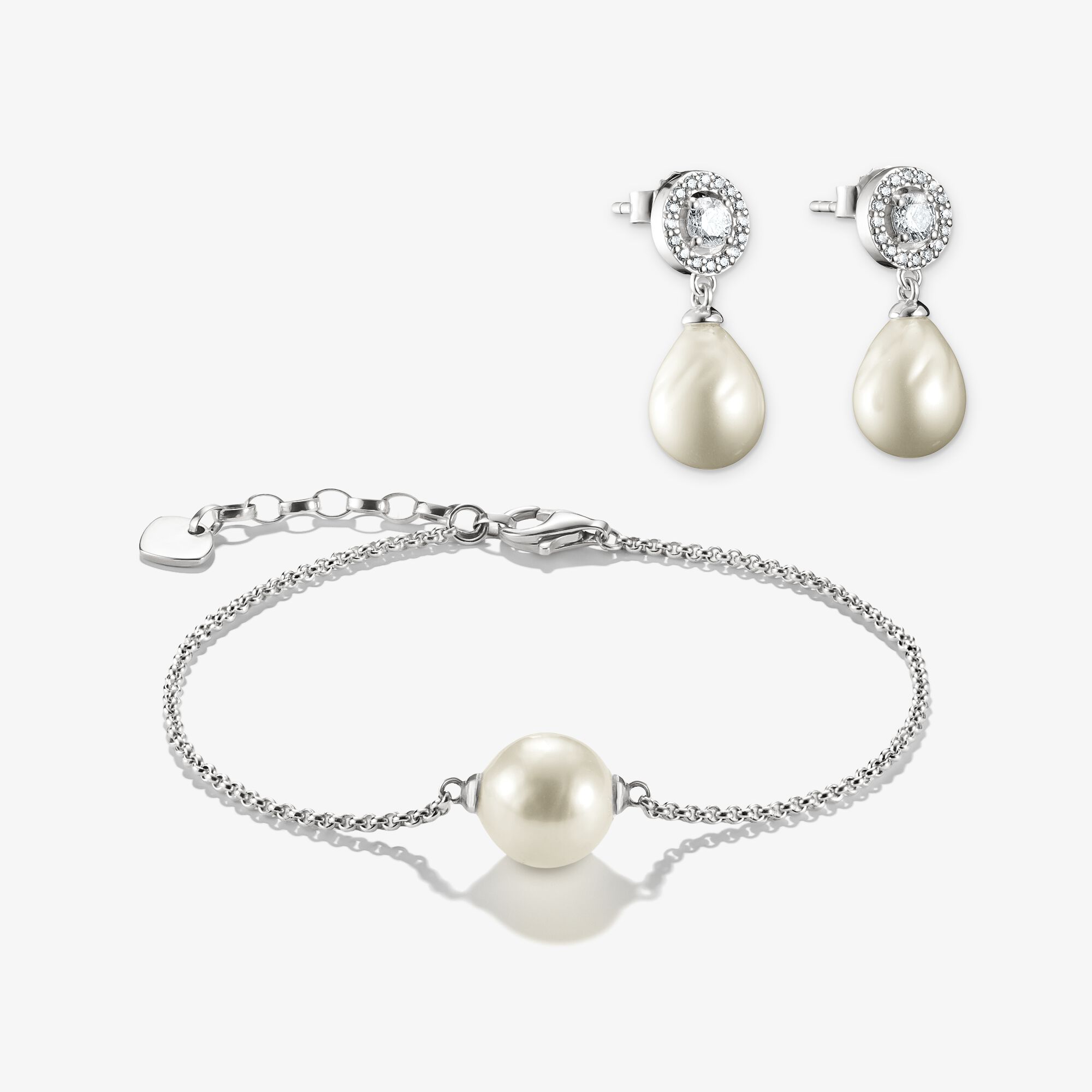 THOMAS SABO Schmuck-Set Ohrringe & Armband imitierte Perle weiß Silber, Unisex, LOOK26-04-004