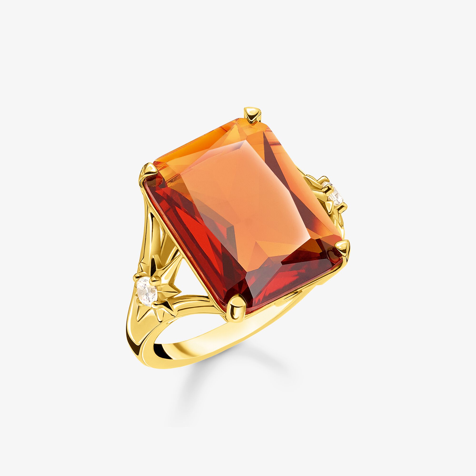 THOMAS SABO Bague avec pierre orange grande et étoile plaqué or, Argent sterling doré or jaune, Taille: 54, femme