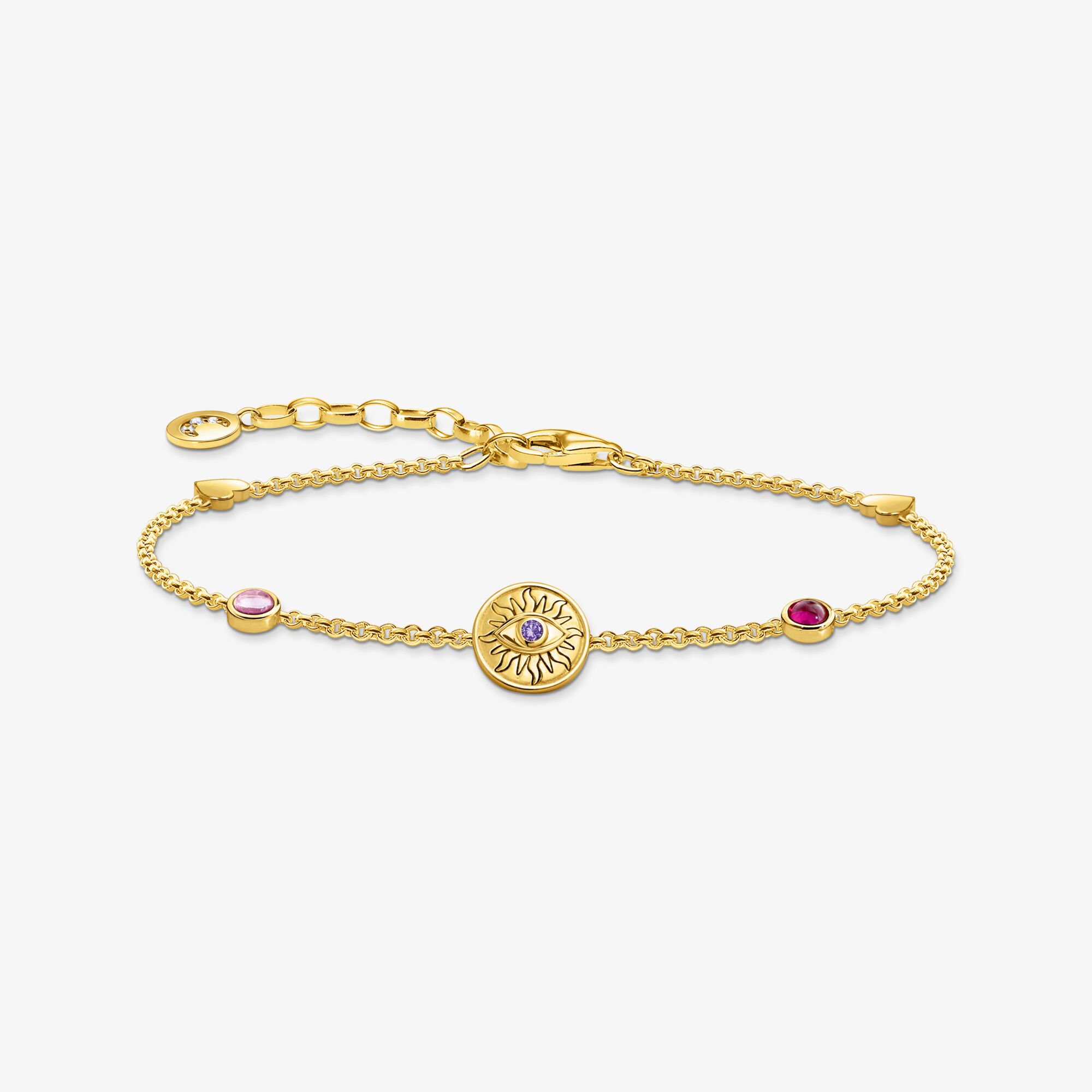 THOMAS SABO Bracelet soleil, pierres multicolores et cœurs plaqué or, Argent sterling doré or jaune, Taille: 19 cm, femme