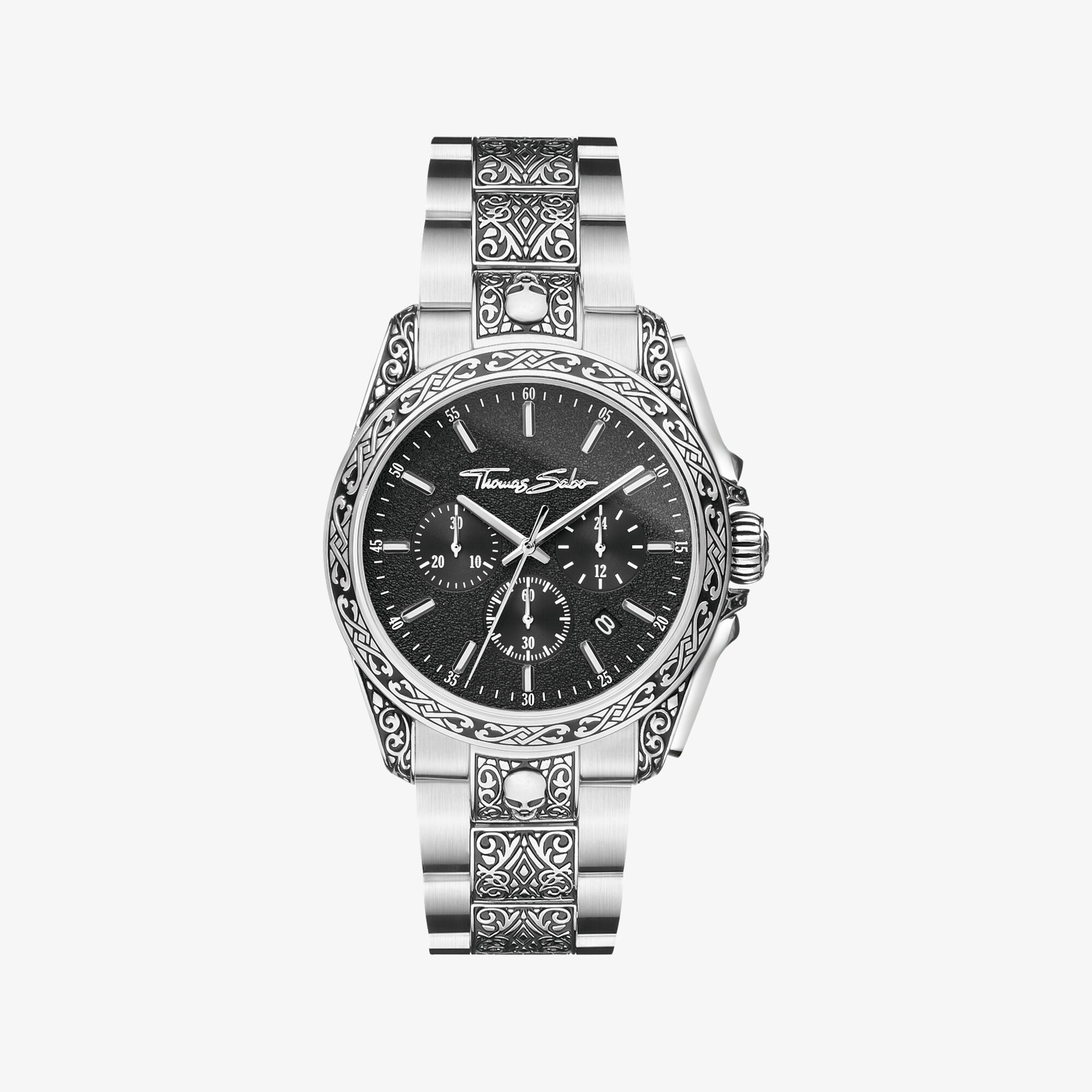 THOMAS SABO Montre pour homme Rebel at Heart tête de mort noir argenté, Acier inoxydable, Taille: 41 MM, homme