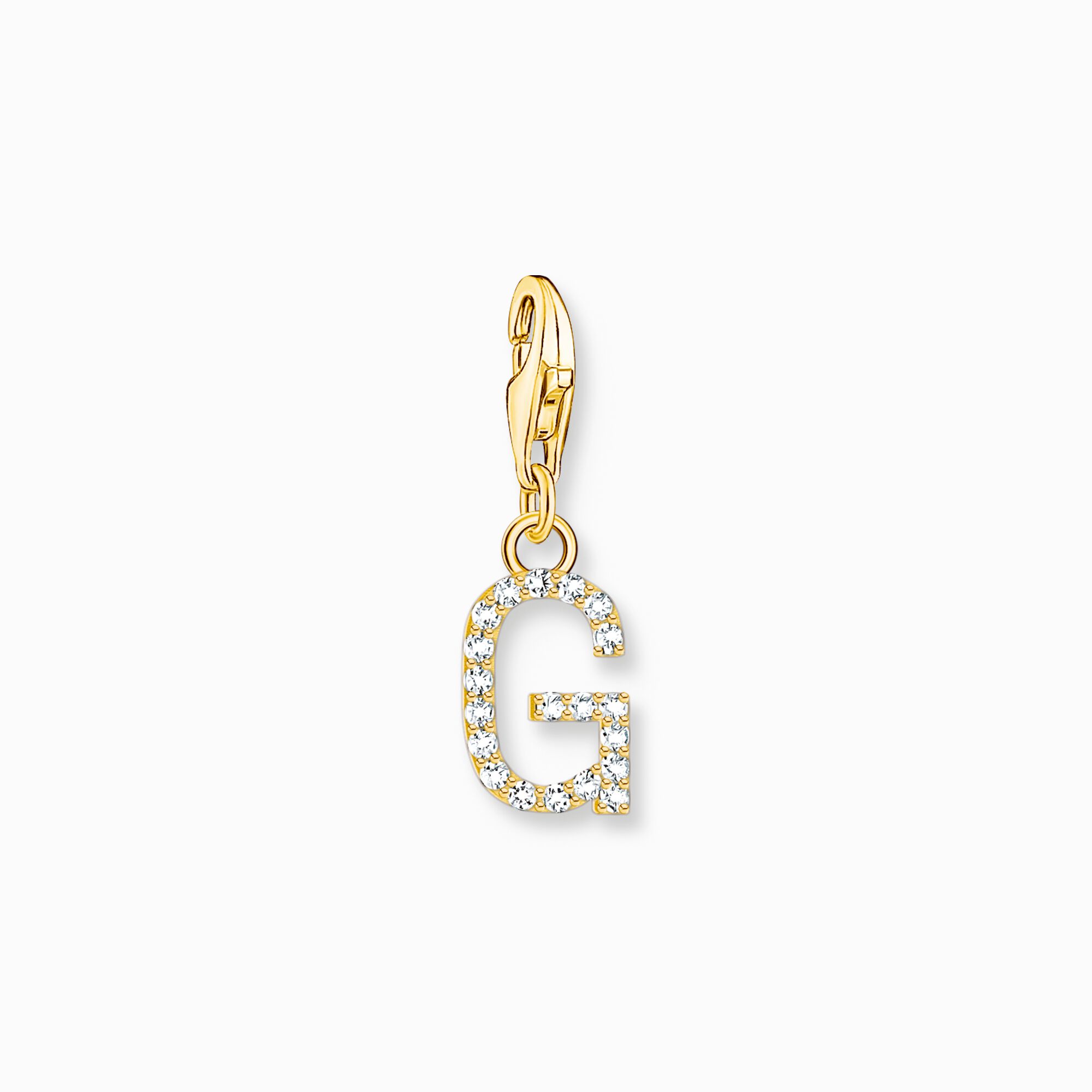 Charm-h&auml;ngsmycke bokstaven G med vita stenar guldpl&auml;terad ur kollektionen Charm Club i THOMAS SABO:s onlineshop