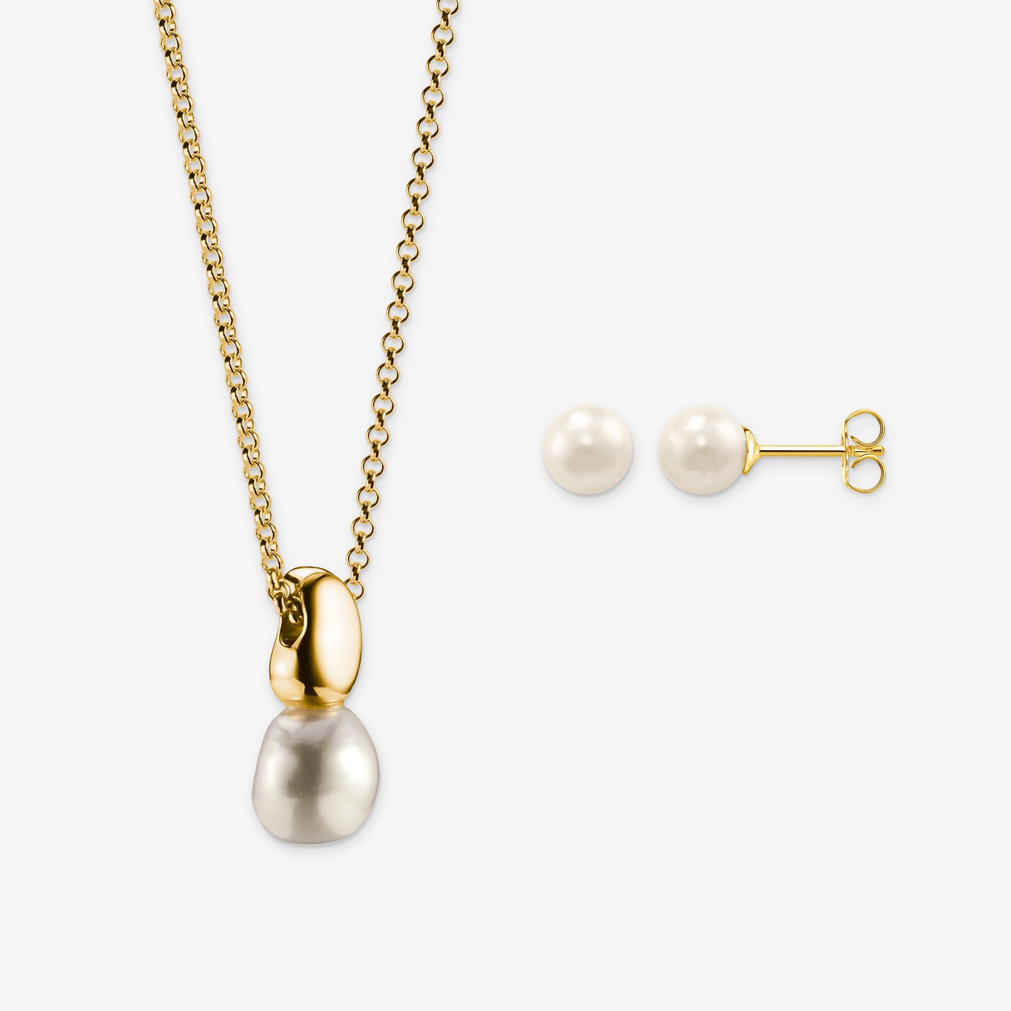 THOMAS SABO Schmuck-Set Ohrstecker & Kette Perle weiß vergoldet, Unisex, LOOK26-04-011