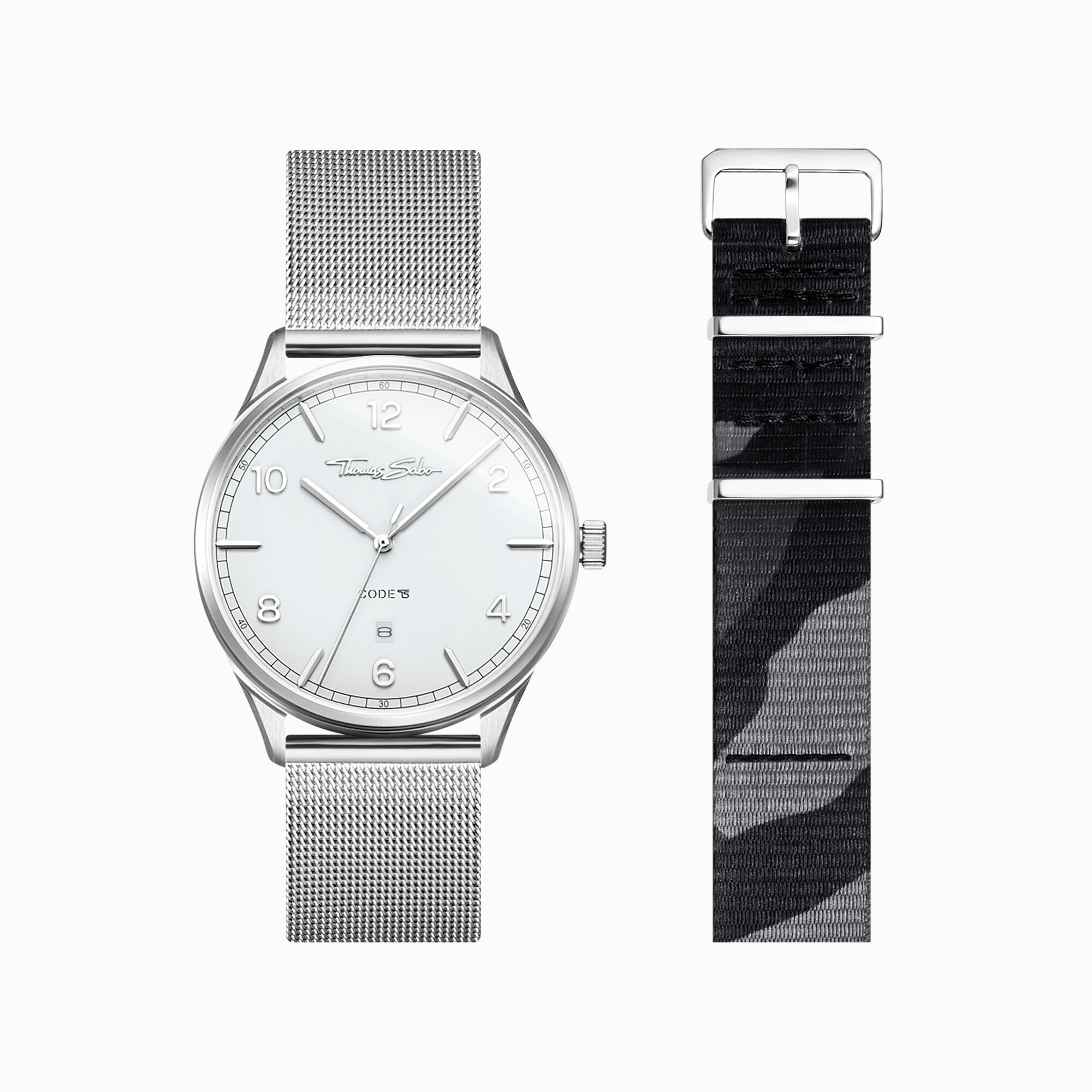 Set Code TS wei&szlig;e Uhr und Camouflage Armband aus der  Kollektion im Online Shop von THOMAS SABO