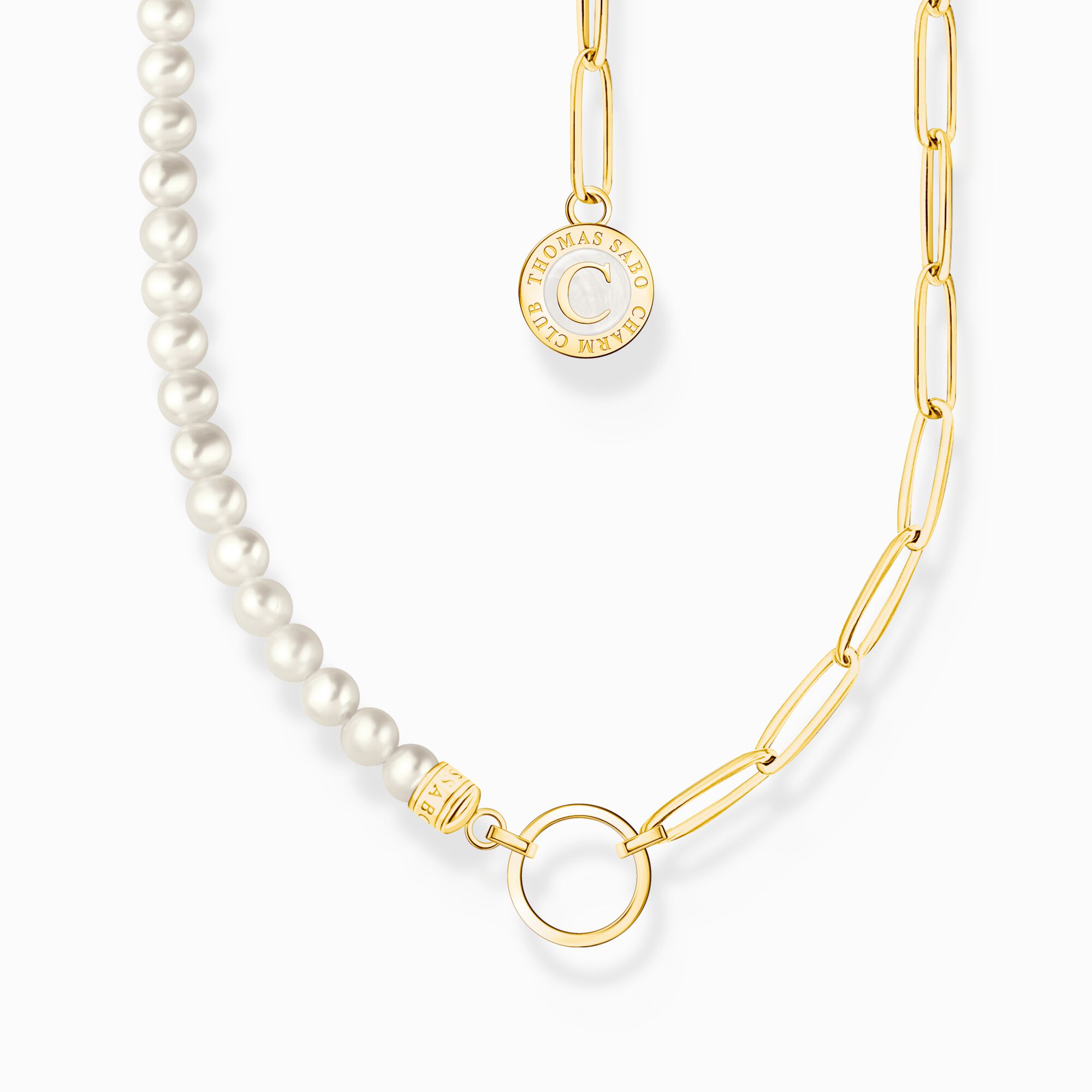 Member Charm necklace with white pearls and Charmista disc gold plated from the Charm Club collection in the THOMAS SABO online store