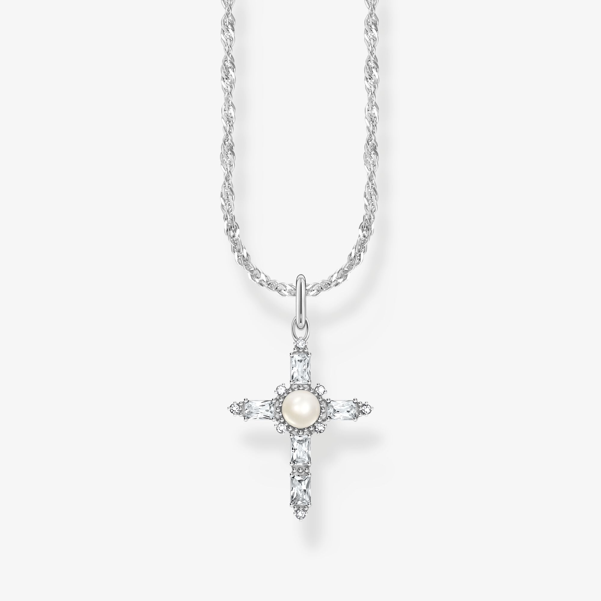 THOMAS SABO Chaîne avec pendentif croix blanche Cross Romance en argent, Argent sterling, Taille: 45 cm, femme