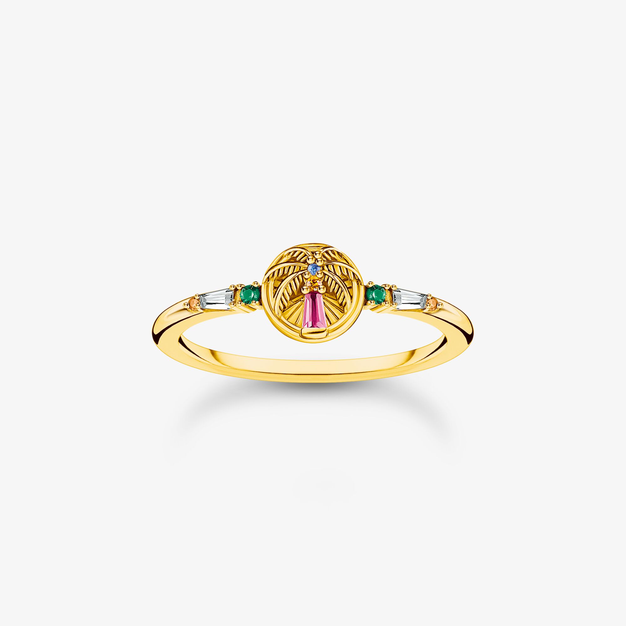 THOMAS SABO Bague arborant un palmier et des gemmes multicolores dorée, Argent Sterling 925‰ doré or jaune 18 carats , Taille: 52, femme