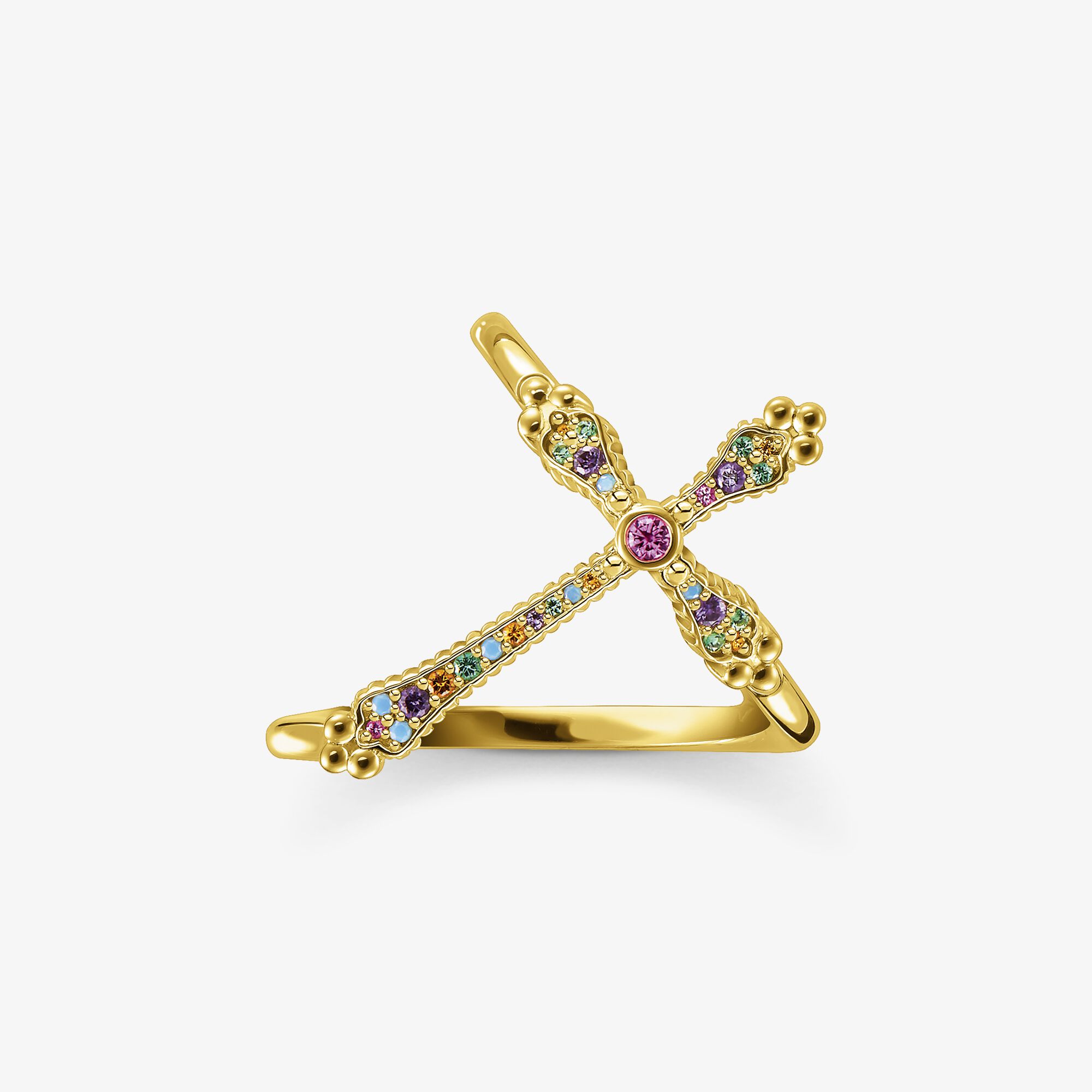 THOMAS SABO Bague croix royaltie or pierres multicolores, Argent sterling doré or jaune, Taille: 50, femme