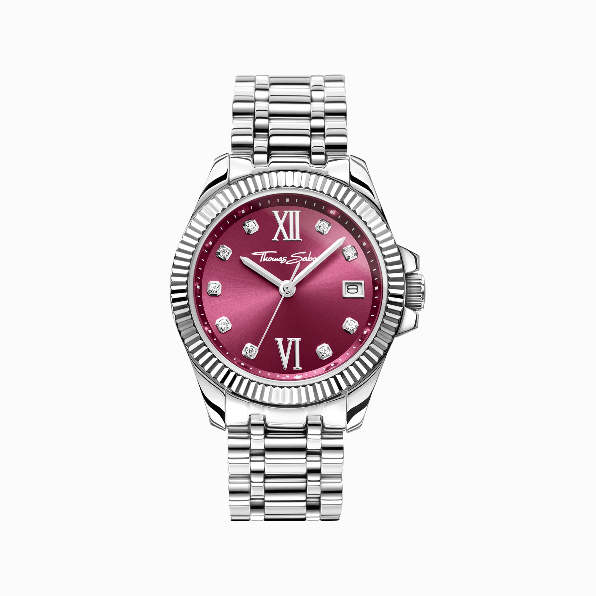 Ladies&#39; watch Divine Burgundy with wine-red dial and white stones silver from the  collection in the THOMAS SABO online store