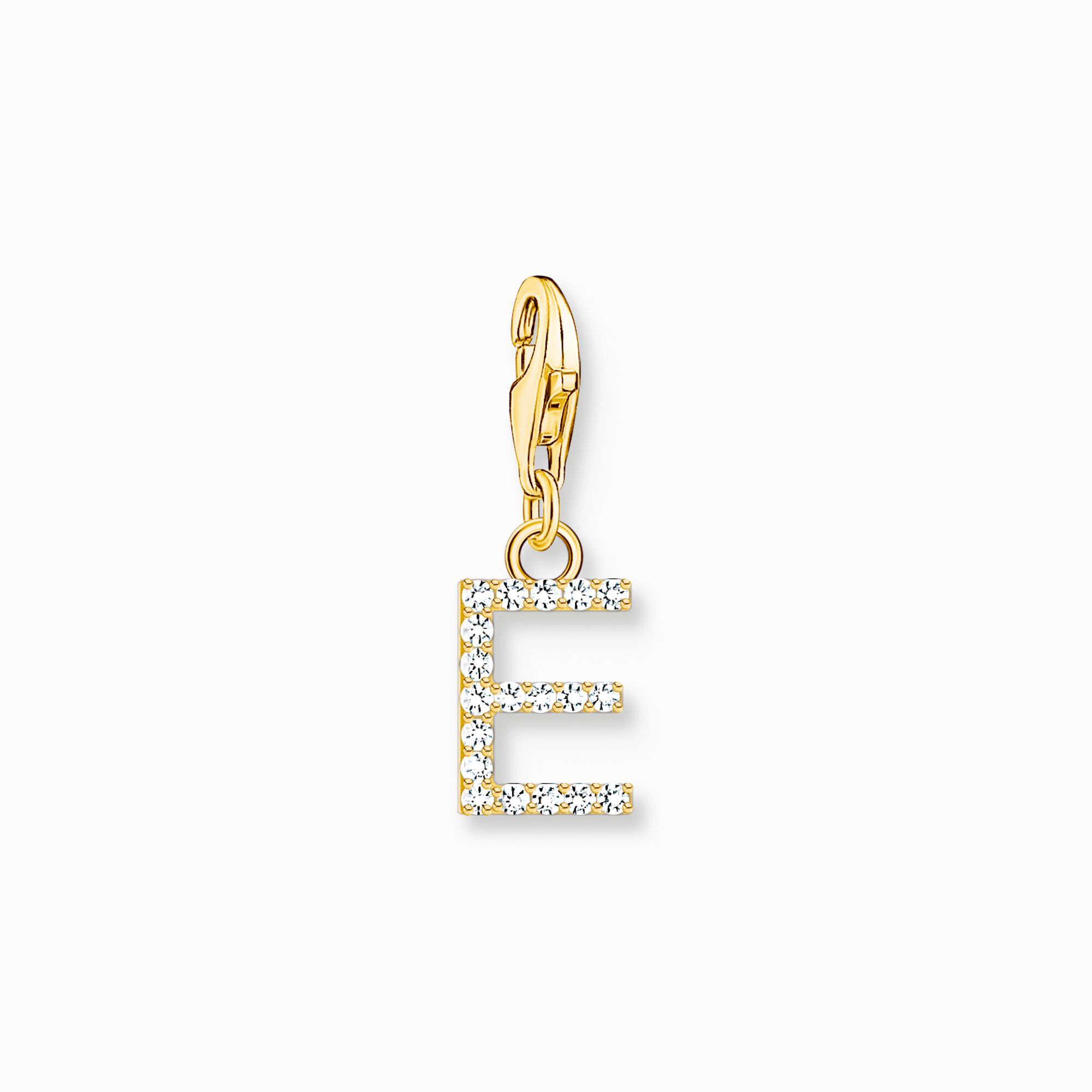 Charm-h&auml;ngsmycke bokstaven E med vita stenar guldpl&auml;terad ur kollektionen Charm Club i THOMAS SABO:s onlineshop