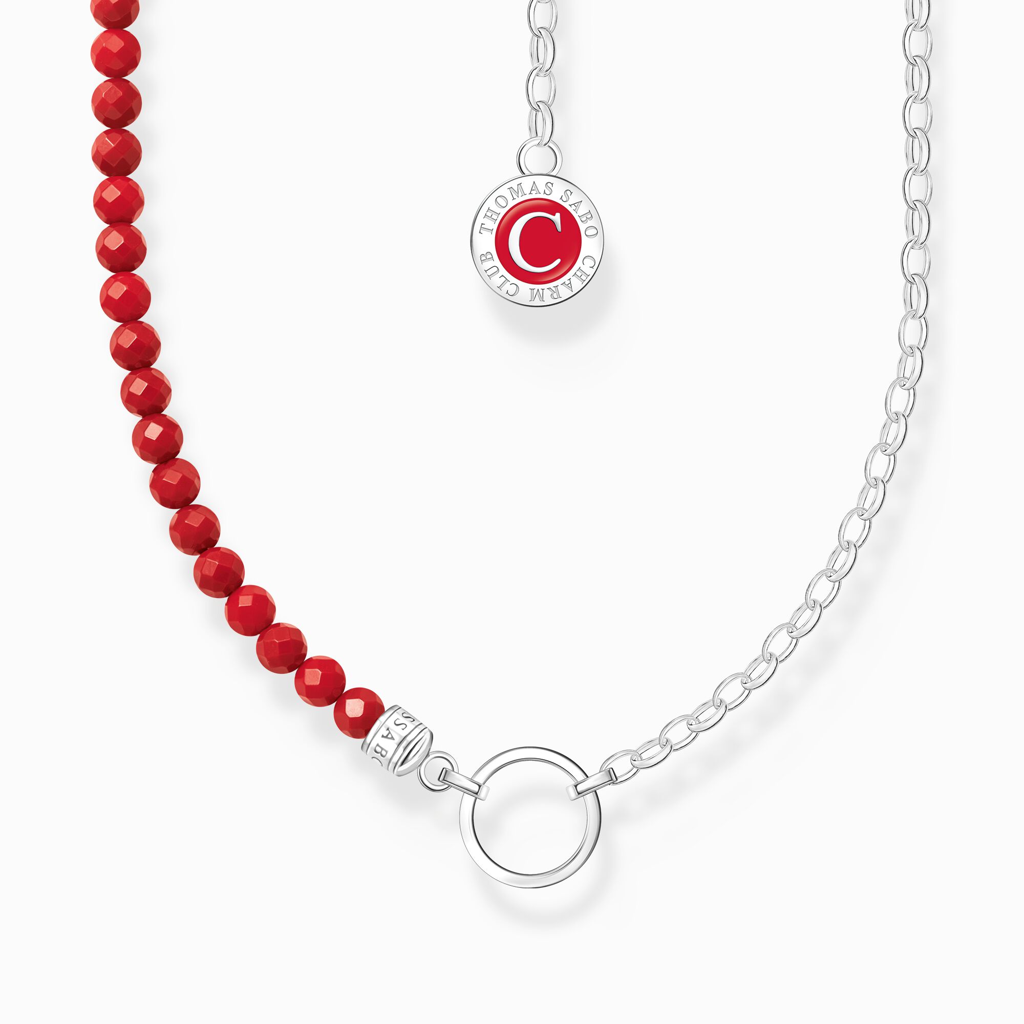 Silver member charm necklace with red beads