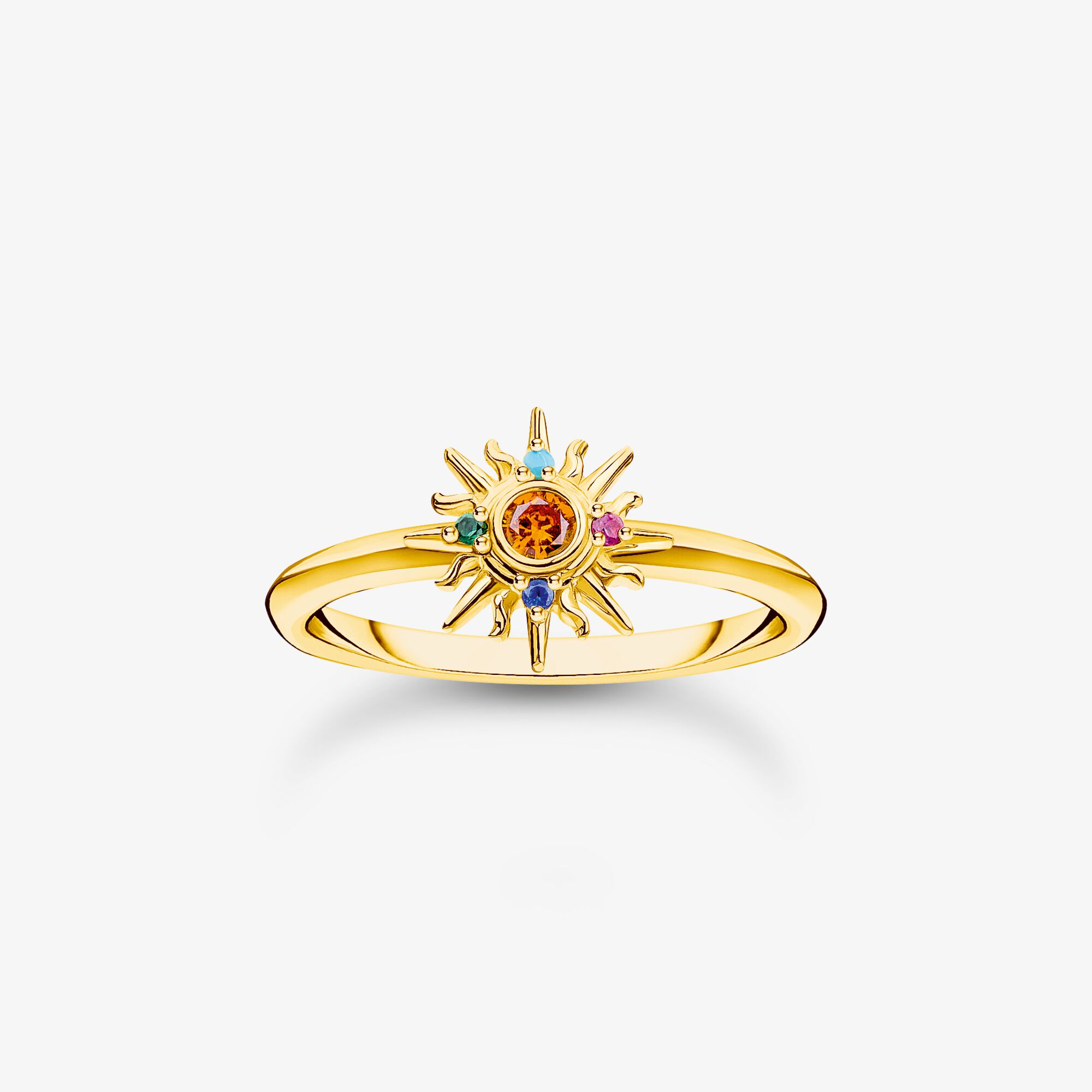 THOMAS SABO Ring mit Sonne und bunten Steinen vergoldet, 925 Sterlingsilber vergoldet Gelbgold, Größe: 50, Damen