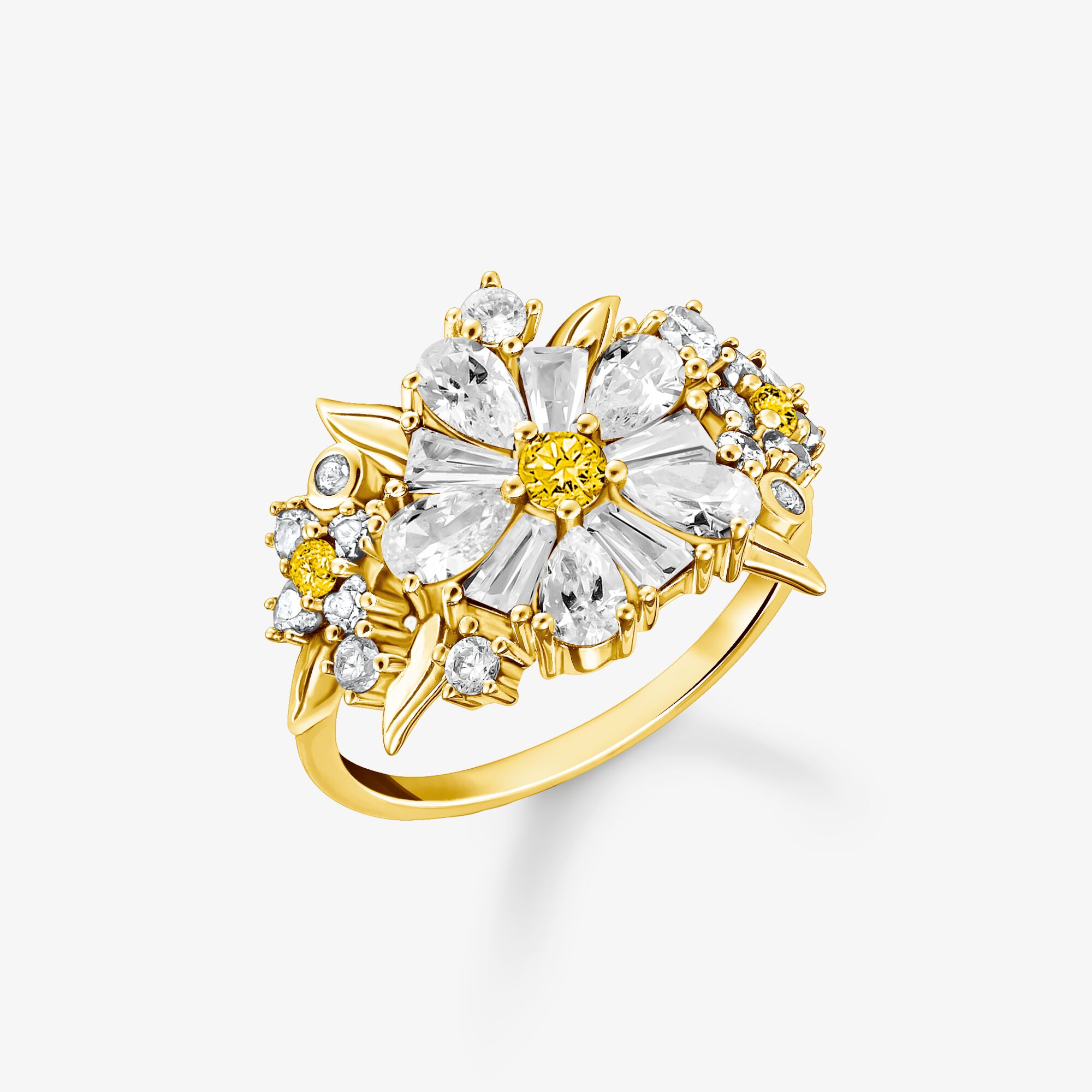 THOMAS SABO Bague de cocktail fleur Lovely Daisy avec pierres dorées, Argent sterling doré or jaune, Taille: 54, femme