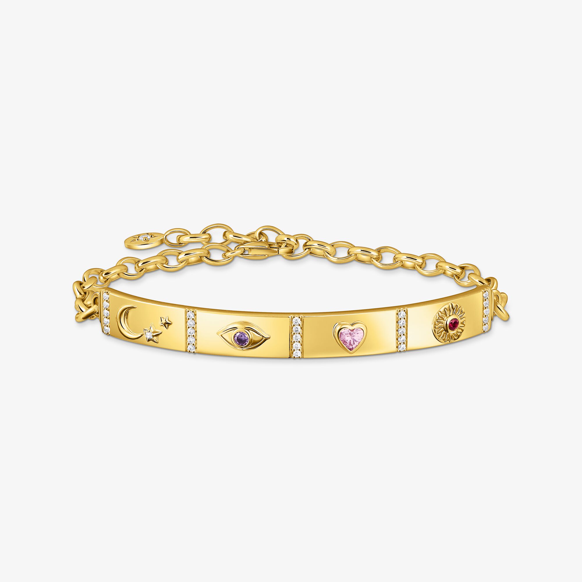 THOMAS SABO Armband mit kosmischen Symbolen und bunten Steinen vergoldet, Sterlingsilber Gelbgold vergoldet, Größe: 19 cm, Damen