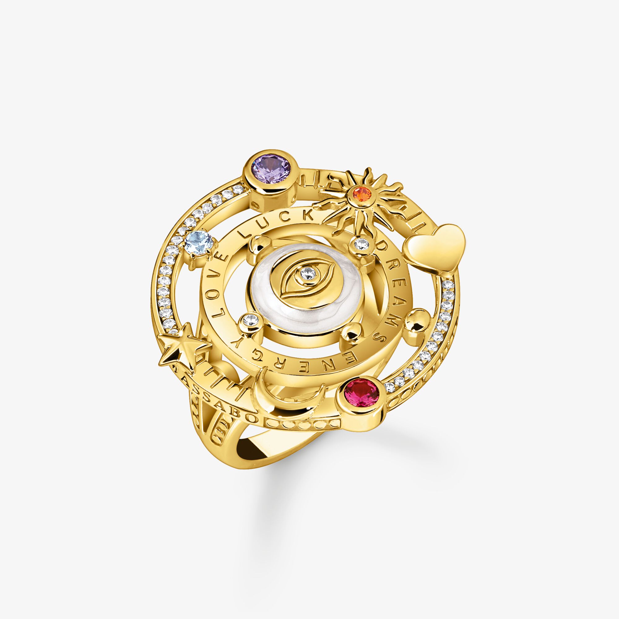 THOMAS SABO Cocktailring im kosmischen Design mit bunten Steinen vergoldet, Sterlingsilber Gelbgold vergoldet, Größe: 58, Damen