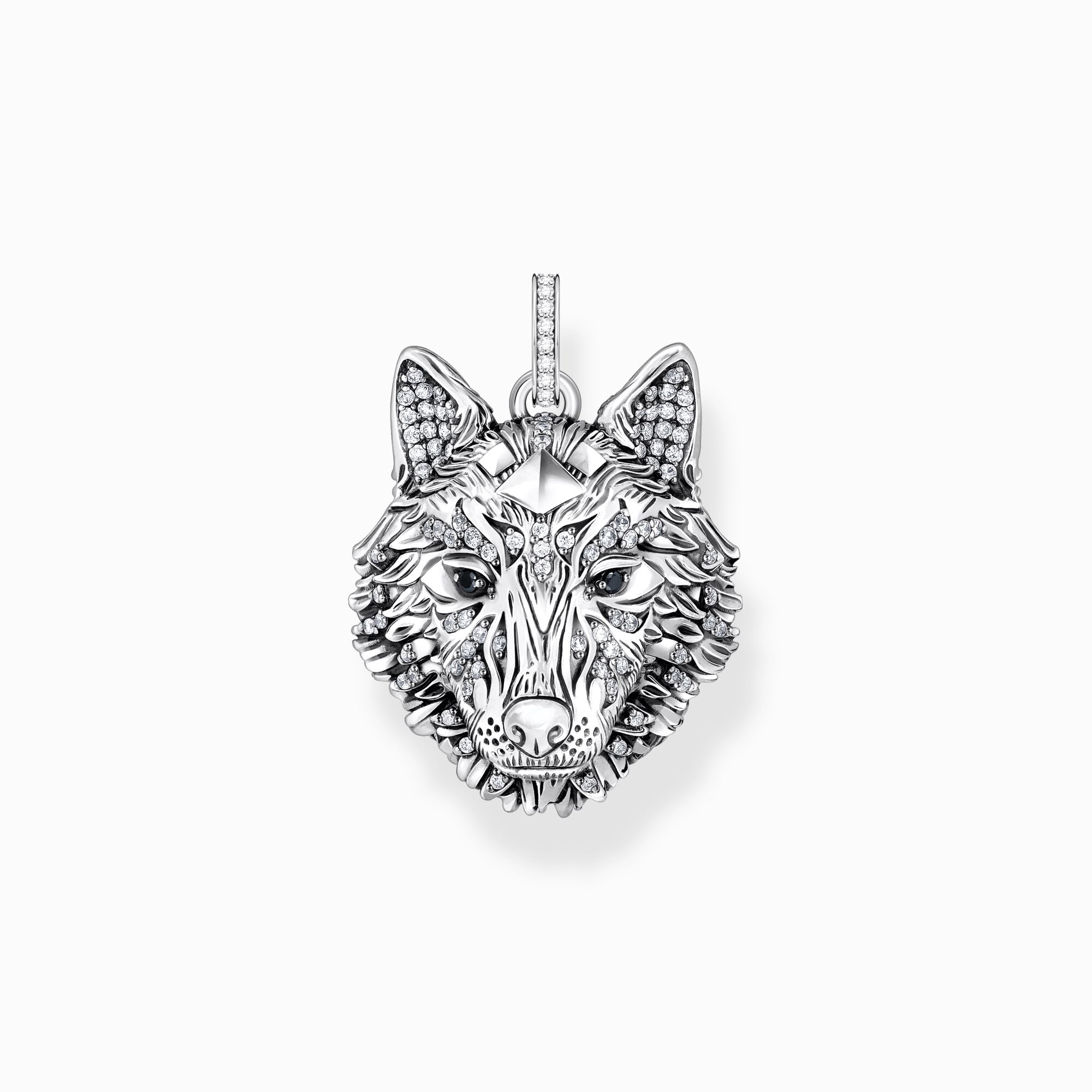 Colgante de plata ennegrecida en forma de cara de lobo con piedras de la colección  en la tienda online de THOMAS SABO