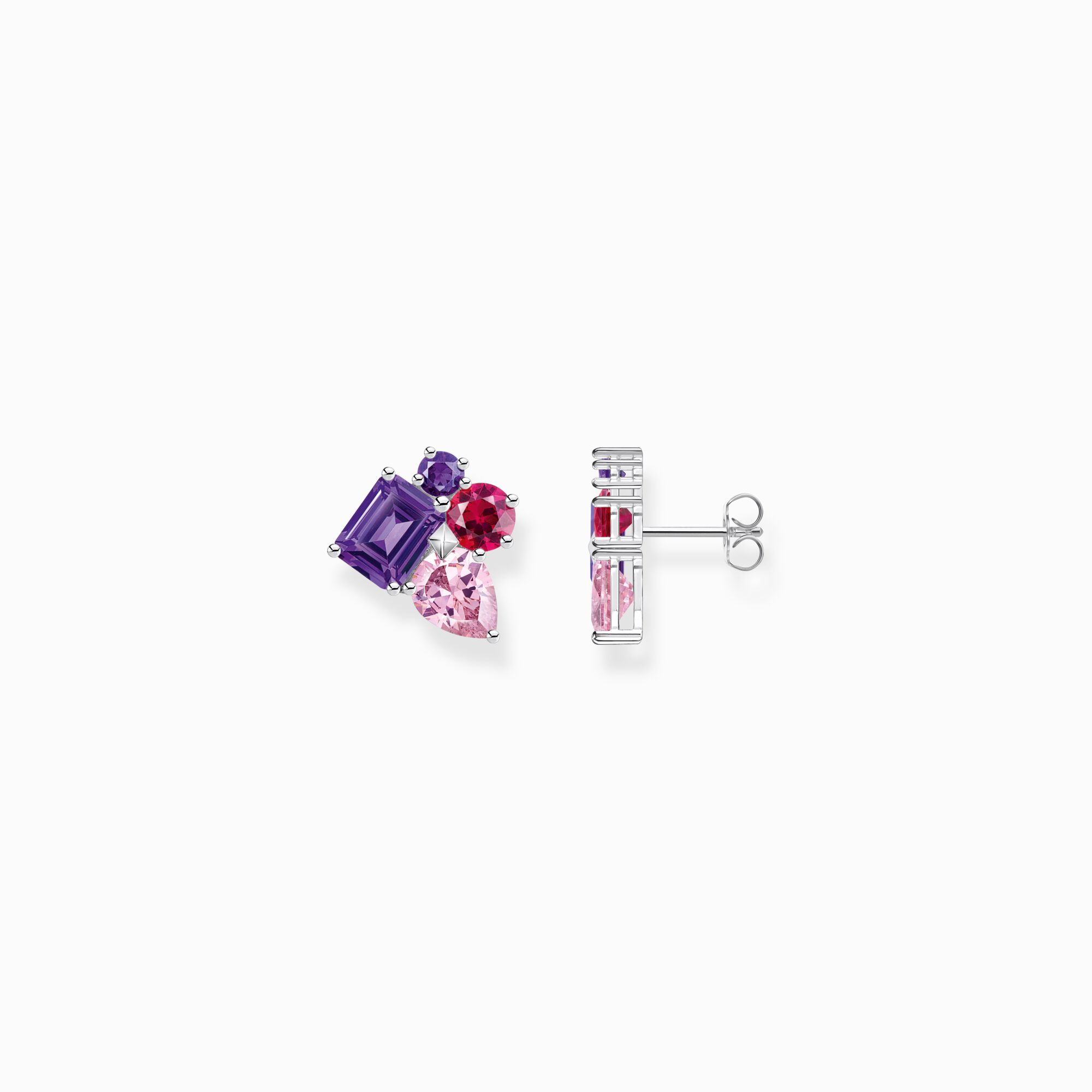 Silver ear studs with pink and violet zirconia in different sizes from the  collection in the THOMAS SABO online store