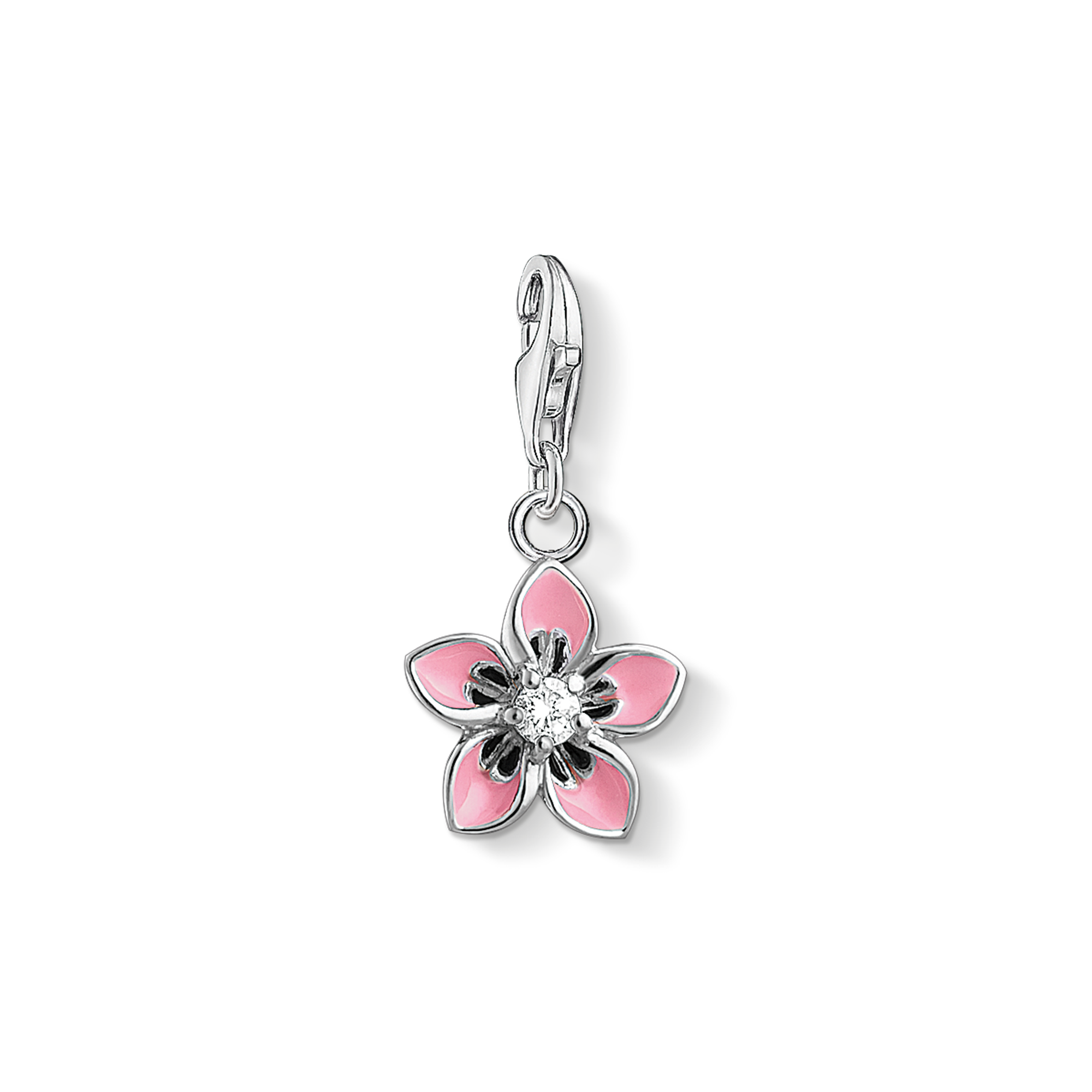 Flower-Power: Der leuchtende Blumen-Charm aus 925er Sterlingsilber mit weißem Zirkonia-Besatz und pink emaillierten Blütenblättern sorgt für die beste Sommerlaune. - 0
