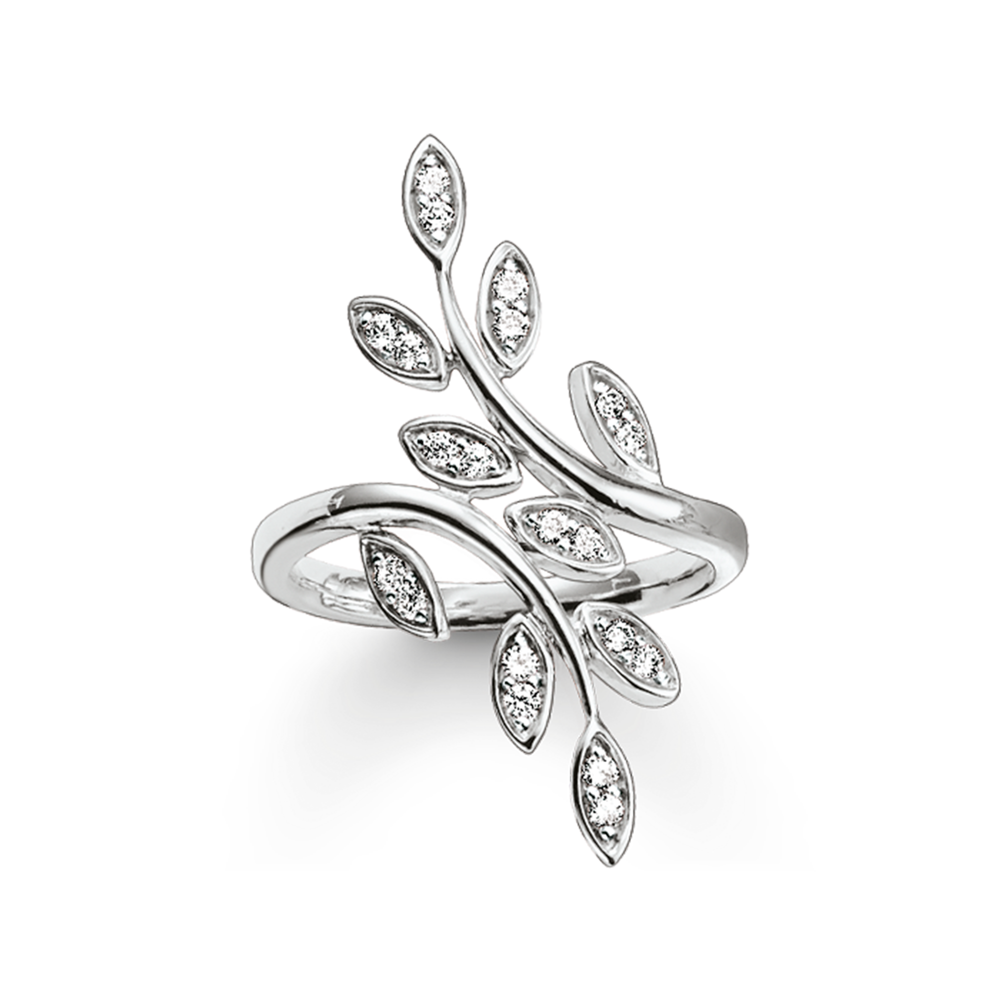 Wie ein zarter Kokon umgeben die mit weißem Zirkonia besetzten Blätter des FAIRY TWINES Rings aus 925er Sterlingsilber ihren Träger mit einer Aura natürlicher Eleganz und Femininität. - 0