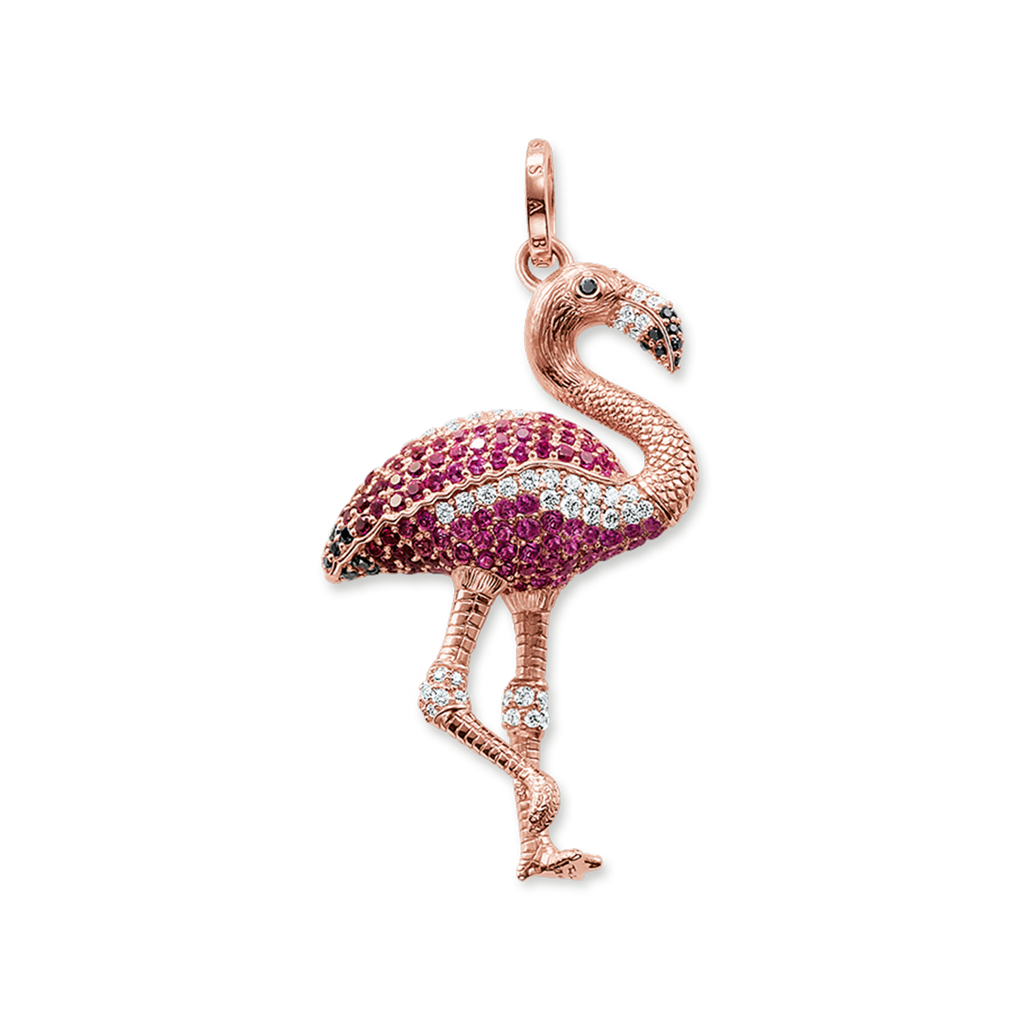 Das funkelnde Federkleid des kleinen Flamingos weckt tropische Gefühle mit leuchtendem Zirkonia und synthetischem Korund. - 0