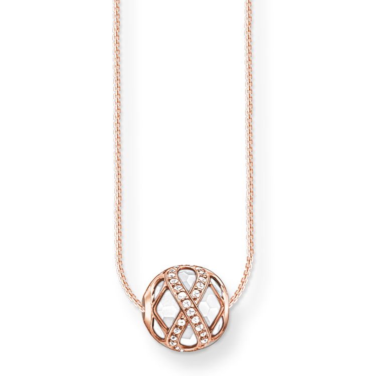 Das mit Zirkonia-Steinen besetzte Infinity-Symbol aus 18-Karat-Roségold-Vergoldung umschließt die Perle aus weißer Jade im Inneren. Getragen an einer roségoldfarbenen Kette symbolisiert das funkelnde Bead-Design die Unendlichkeit der Liebe. - 0
